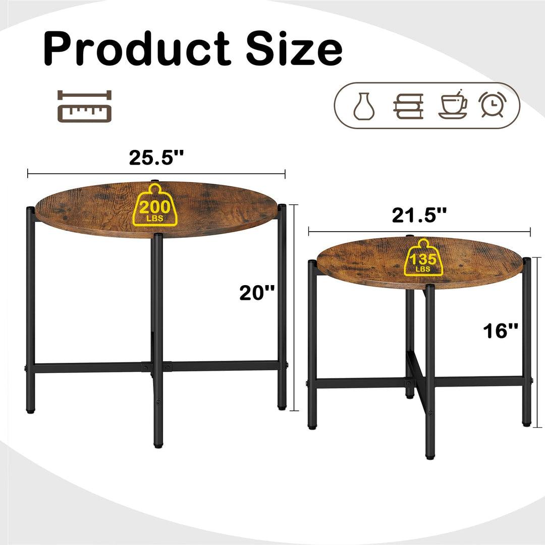 Giantex Round Coffee Table Set of 2, Nesting Tables with Metal Frame, Imitated Wood Grain Top
