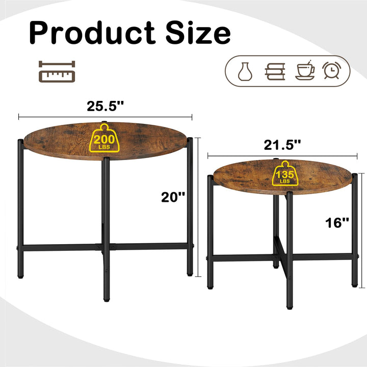 Giantex Round Coffee Table Set of 2, Nesting Tables with Metal Frame, Imitated Wood Grain Top