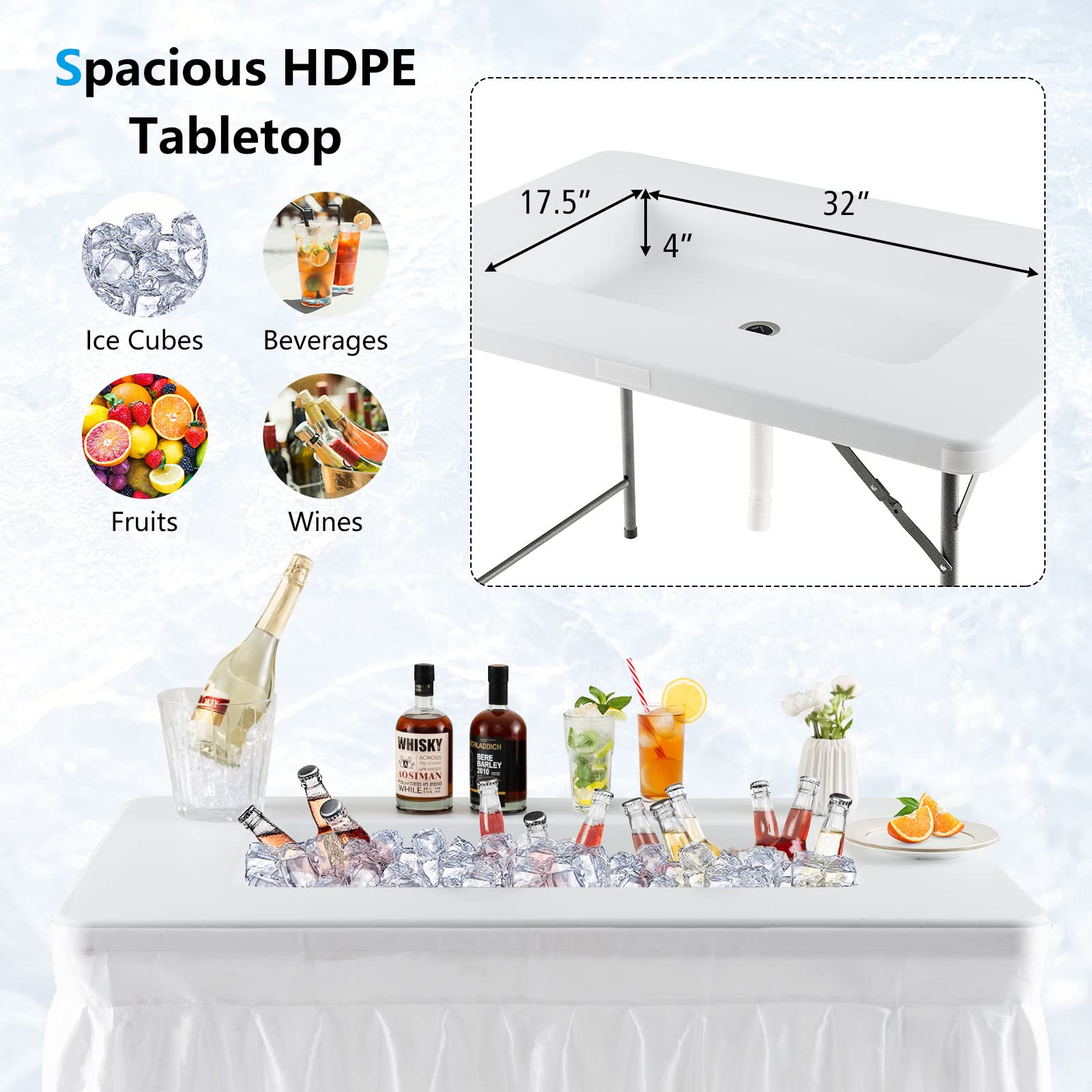 Giantex 4Ft Folding Ice Cooler Table with Drain - No Assembly Ice Bin Table with Edge and Removable Matching Skit