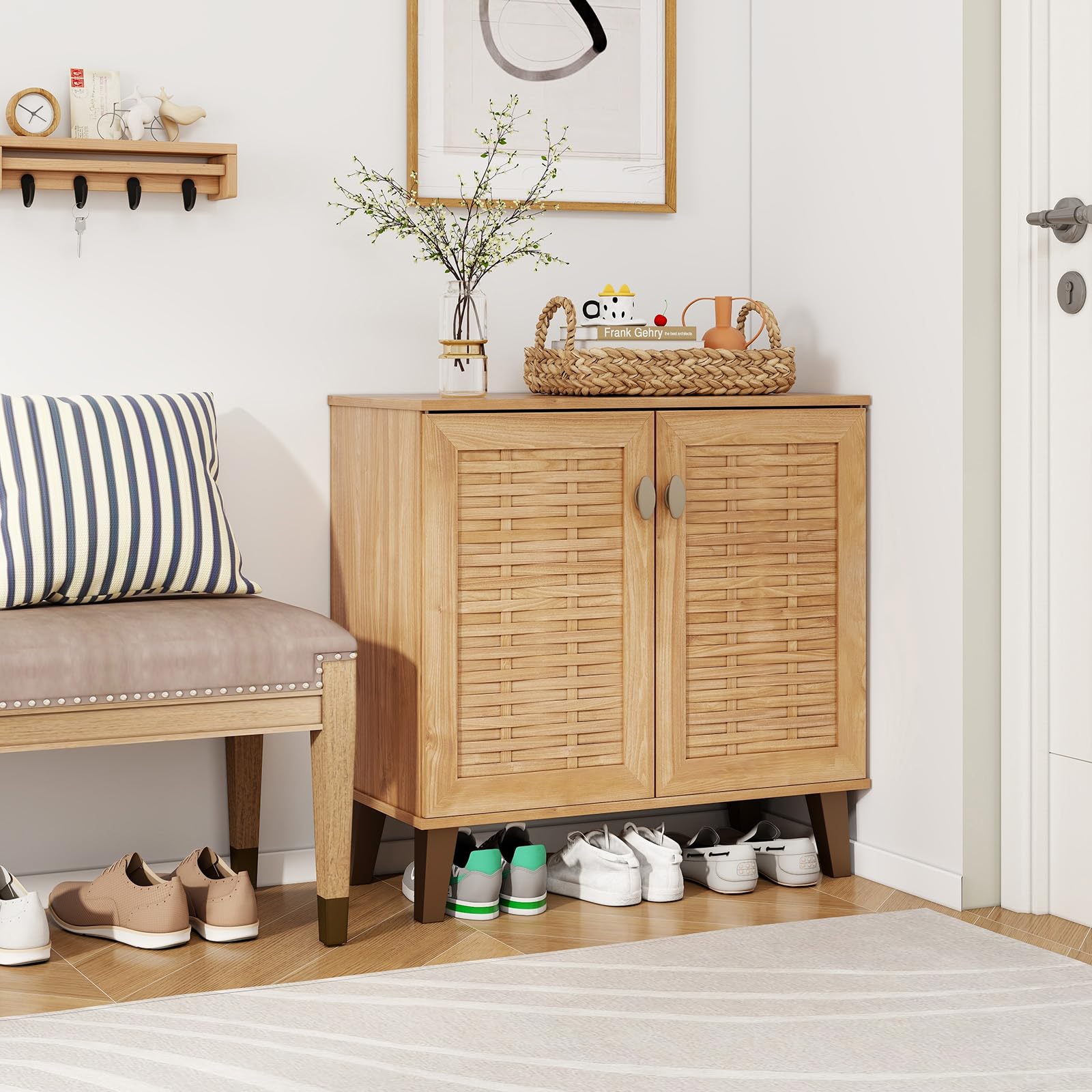 Giantex Shoe Cabinet with Doors, 4-Tier Farmhouse Shoe Storage Cabinet with 3 Adjustable Shelves