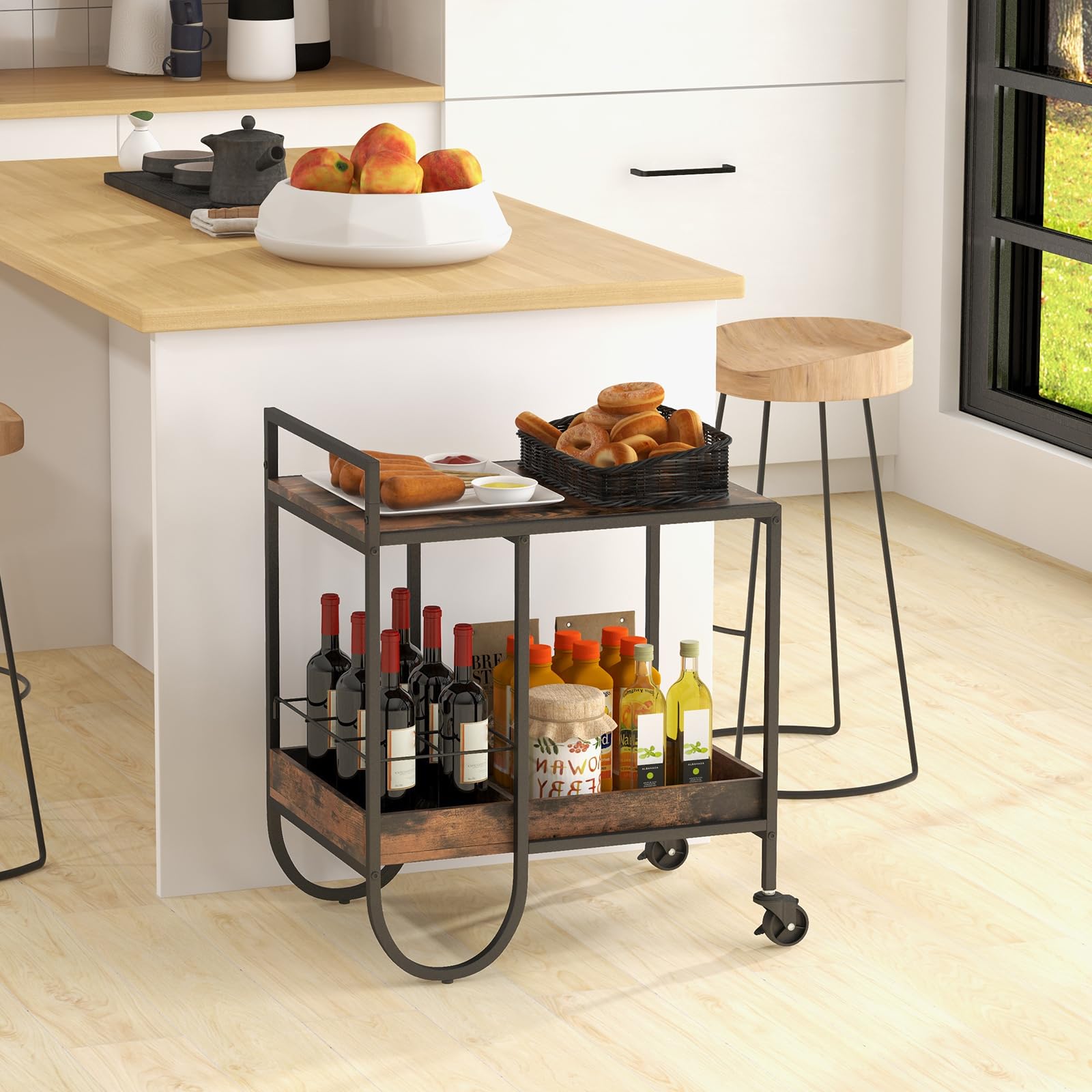 Giantex Bar Cart, 2-Tier Home Coffee Bar Serving Cart with Wine Rack for Wine Liquor Beverage Dinner Party