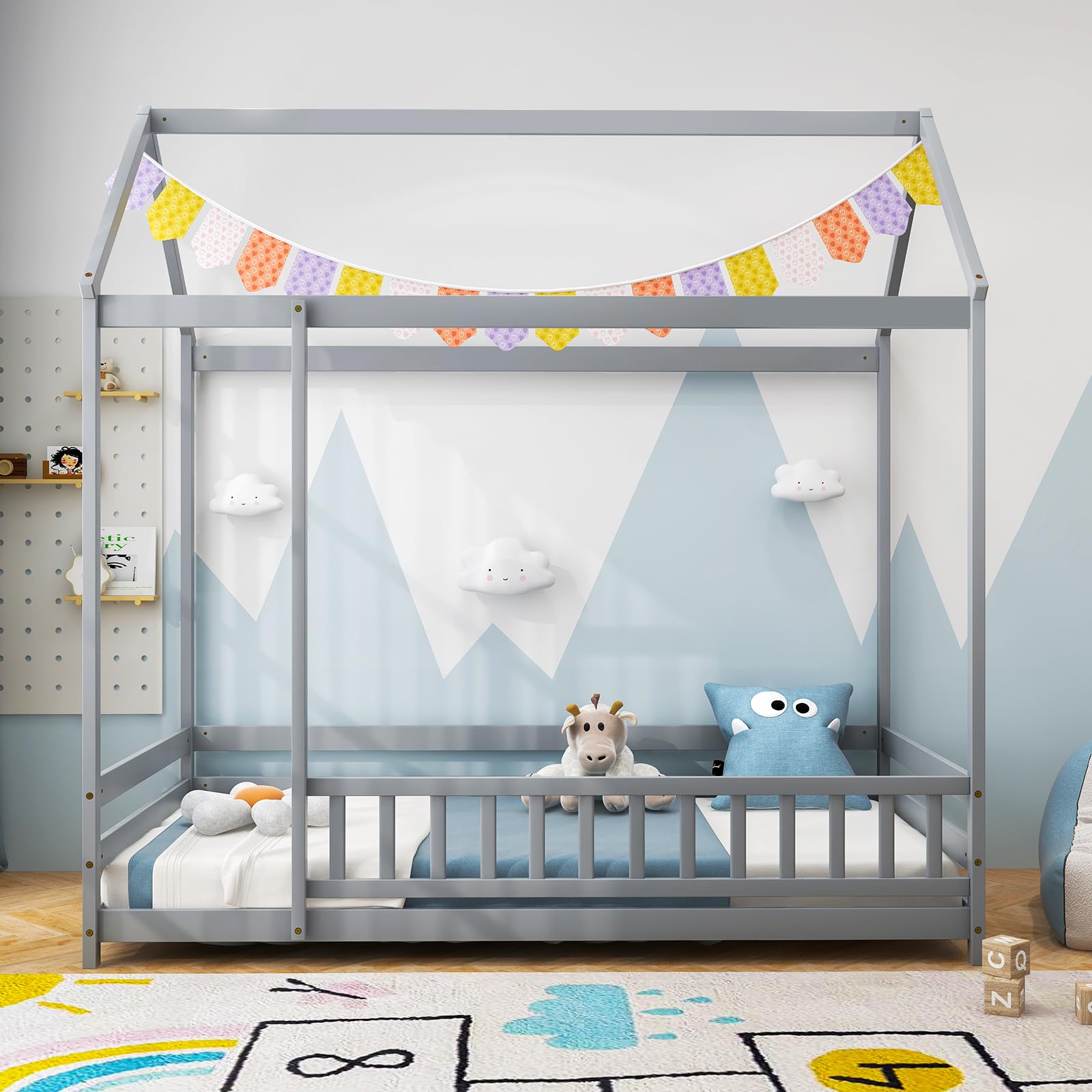 Giantex Twin Floor Bed with Fence, Wood Montessori Bed with Safety Guardrails and 80.5" High Roof Design
