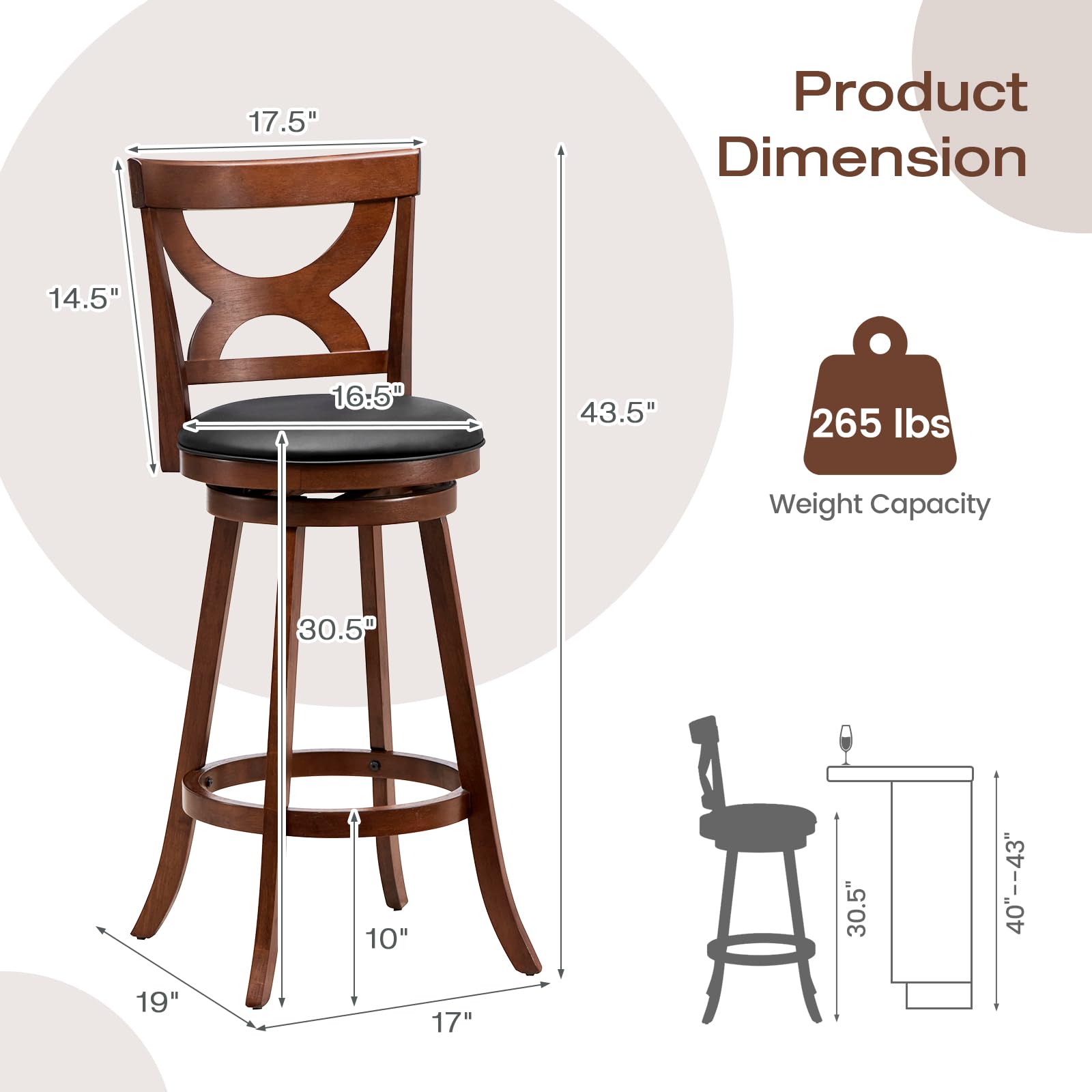 Giantex Bar Stools Set of 2, 30.5" Counter Height Bar Dining Chairs with Back & Footrest, Rubber Wood Frame