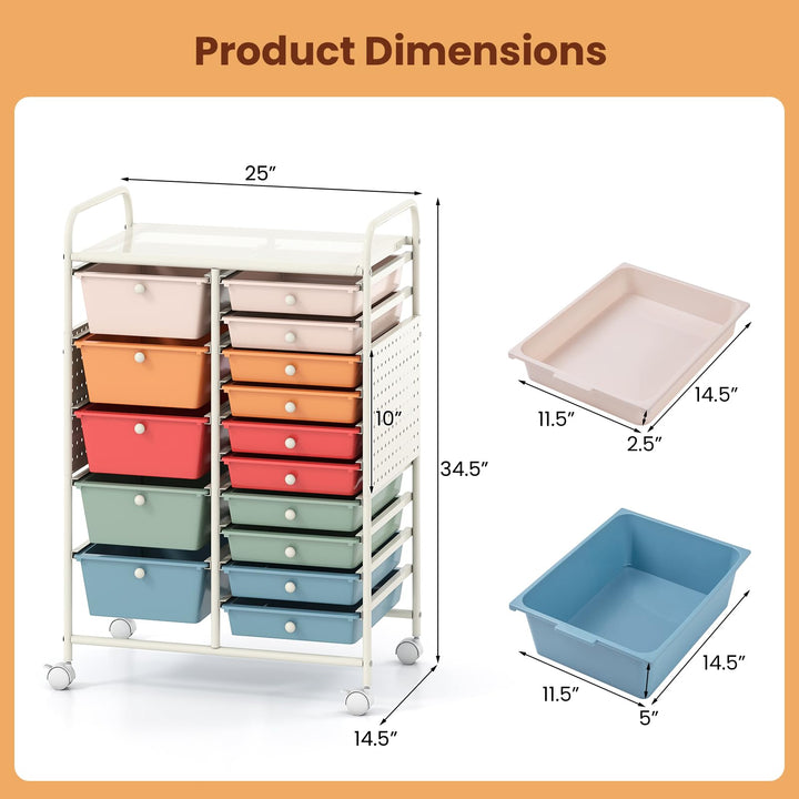 Giantex 15 Drawer Storage Cart | Rolling Craft Cart with Metal Tabletop &amp; Pegboard