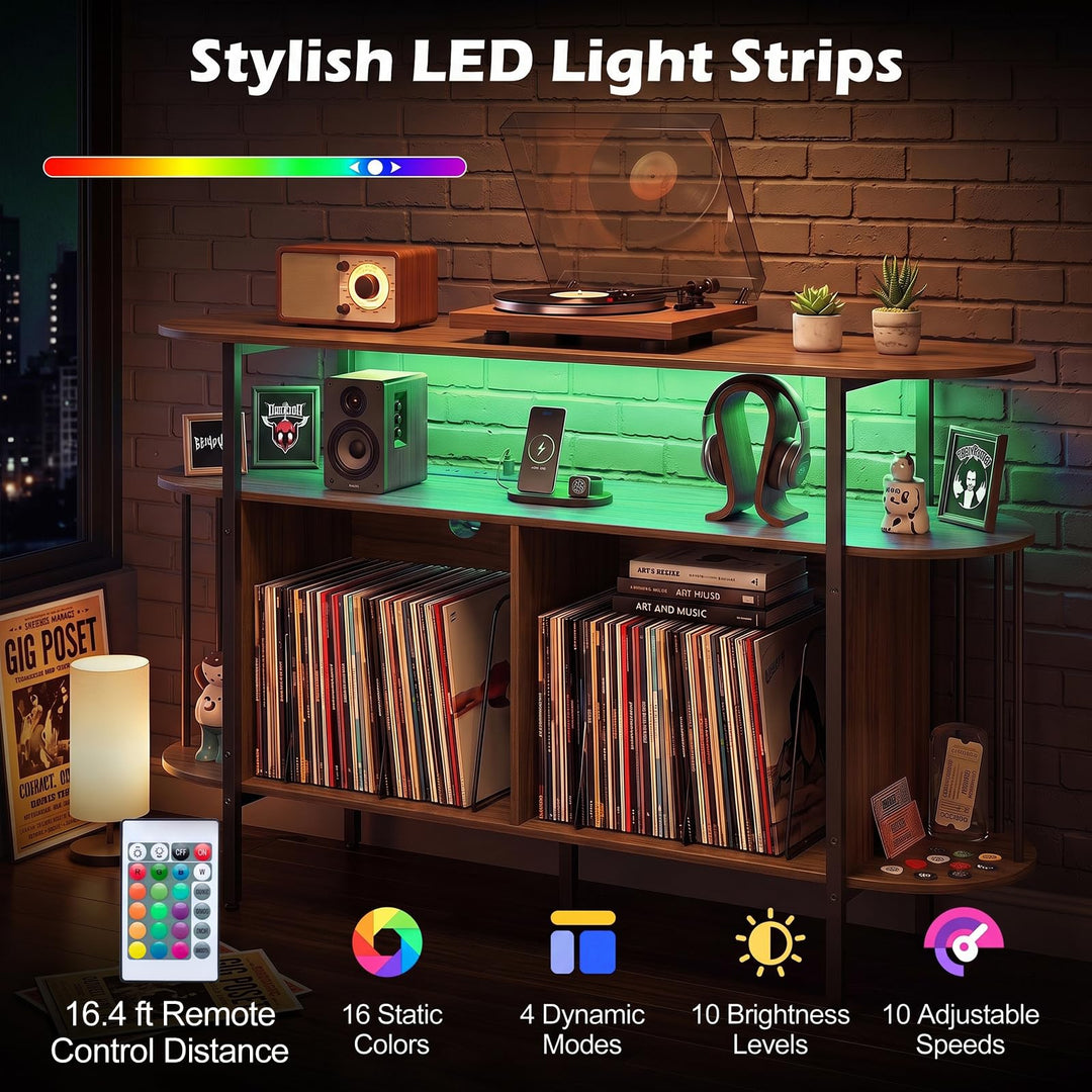 GIANTEX 3-Tier 55" Record Player Stand with LED Lights &amp; Power Outlets