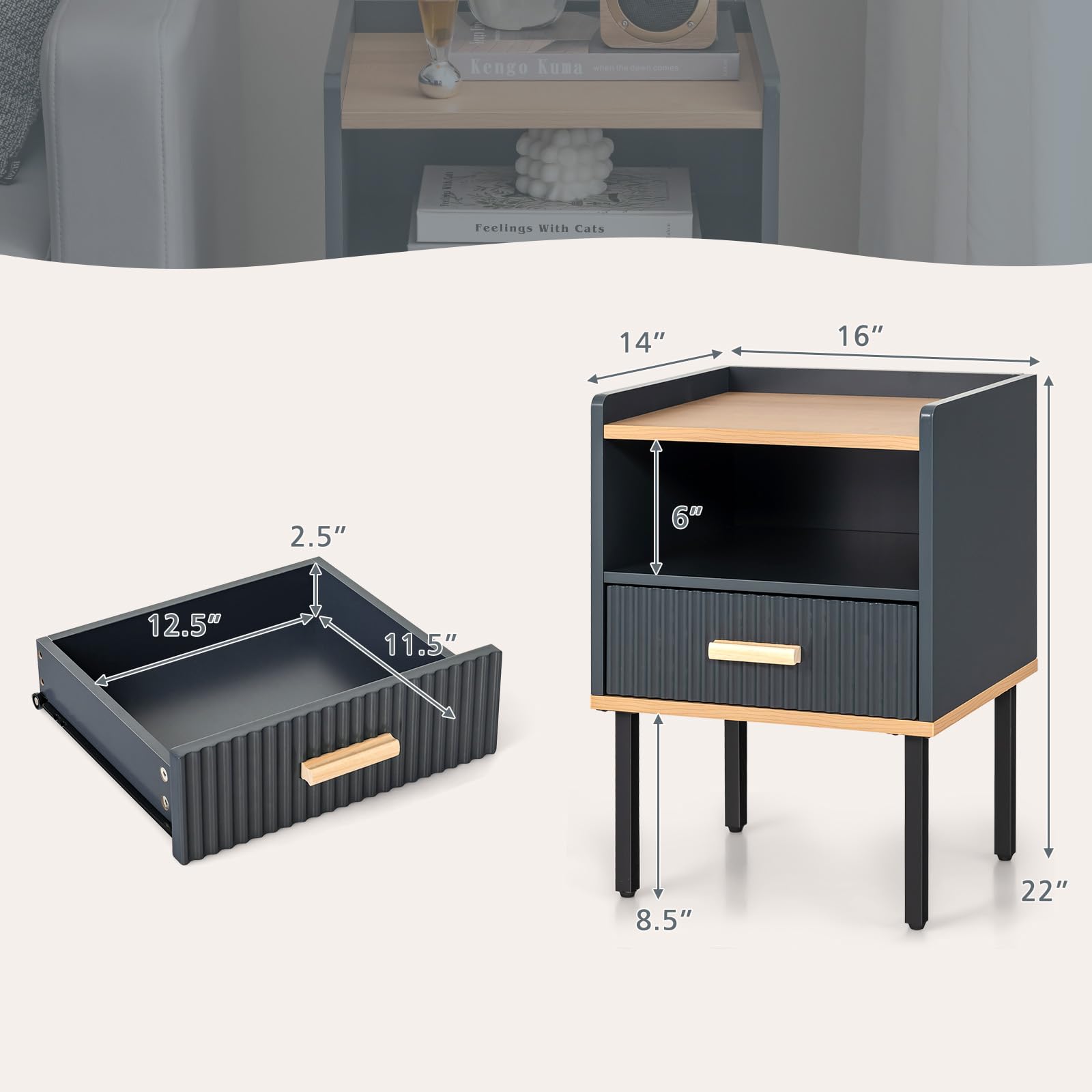 Giantex Modern Nightstand with Drawer - Bedside Table with Open Shelf, Gray