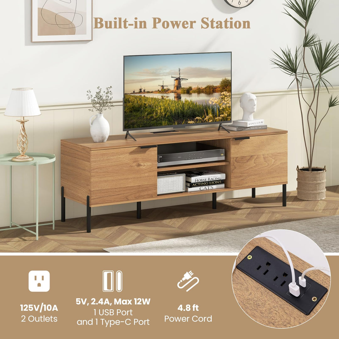 Giantex TV Stand for TVs up to 65”, Entertainment Center with Charging Station, 2 Cabinets, Open Shelves, 6 Sturdy Metal Legs