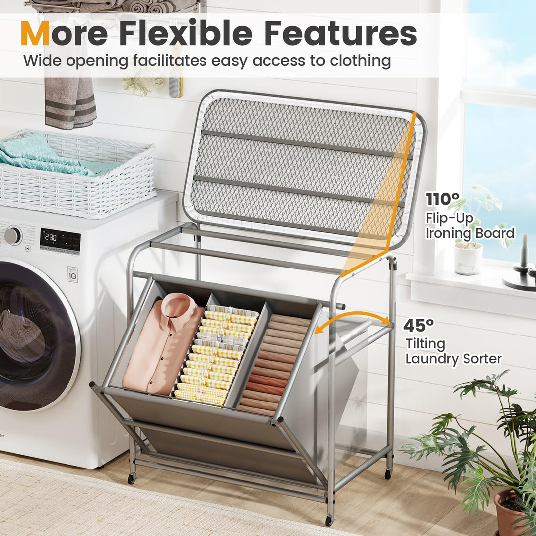 Giantex Laundry Sorter with Foldable Ironing Board 3 Section Tilt Out Laundry Hamper with Removable Bags