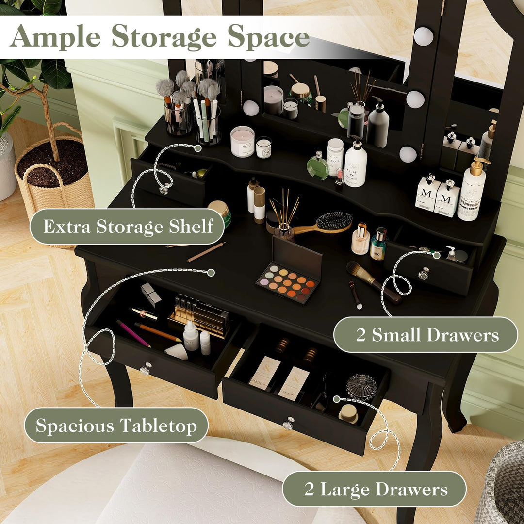 CHARMAID Vanity Desk with Lights - Makeup Vanity Table with Tri-Fold Mirror, 10 Adjustable Hollywood LED Lights, 4 Storage Drawers