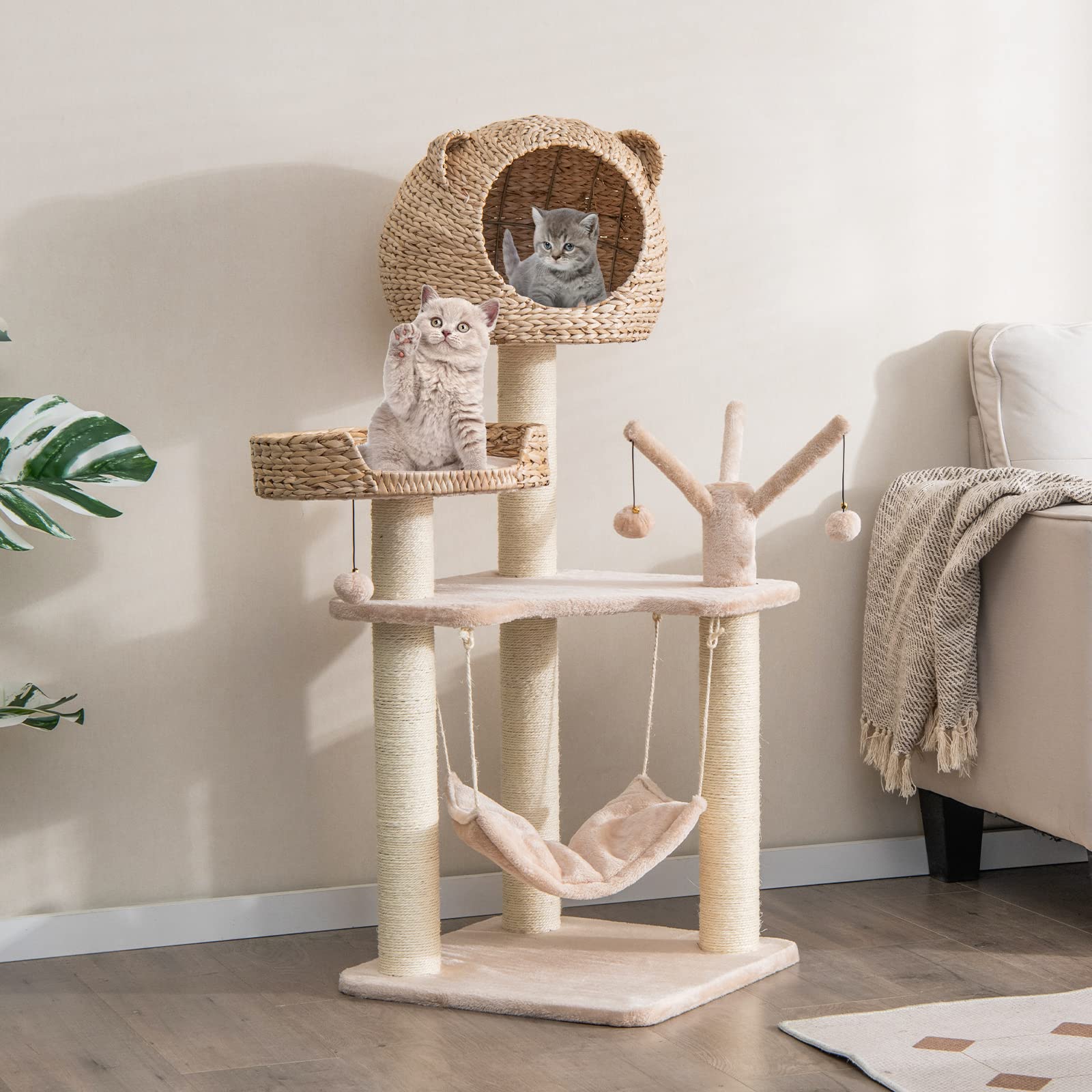 Giantex Wooden Cat Tree, 48 inches Cat Tower with Cattail Condo, Cat Bed, Hammock, Rotatable Jingling Balls