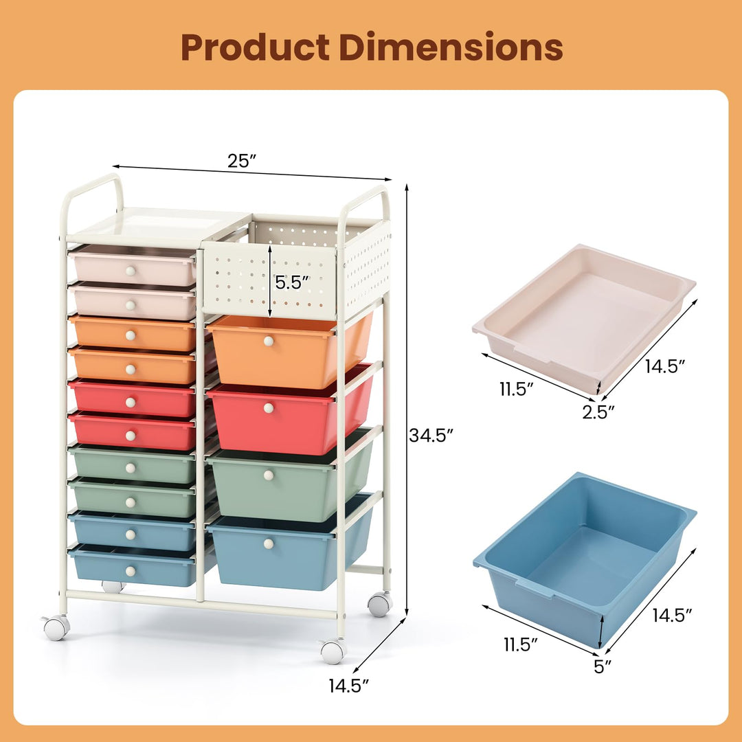 Giantex 14 Drawer Storage Cart | Rolling Craft Cart with Metal Tabletop &amp; Pegboard