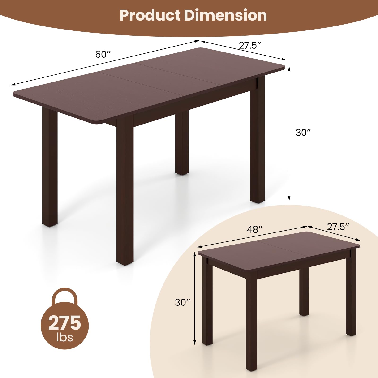 Giantex Extendable Dining Table for 4, 60" Folding Kitchen Table