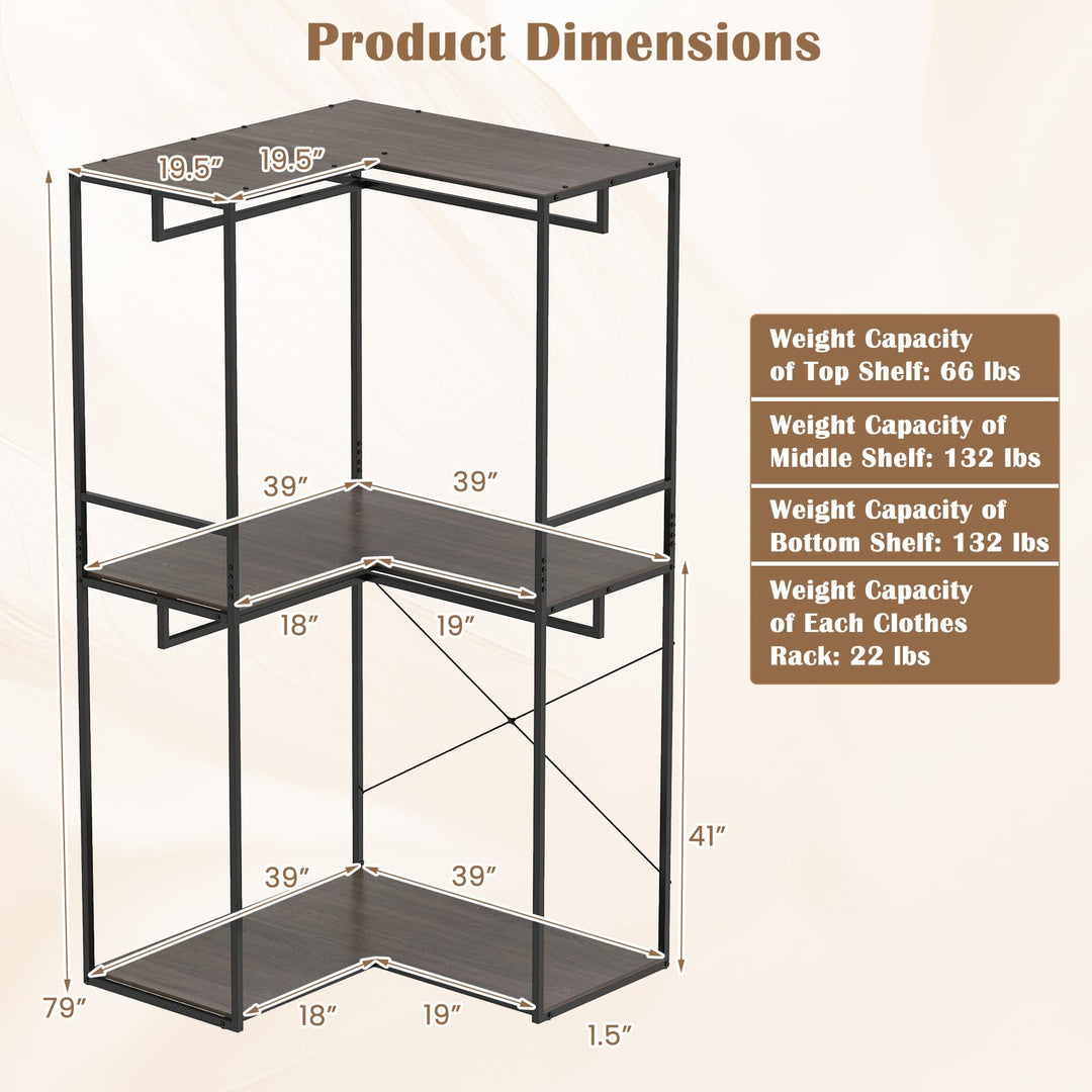 Giantex Heavy Duty Clothes Rack | 3-Tier L-Shaped Garment Rack w/3 Open Shelves &amp; 2 Hanging Racks