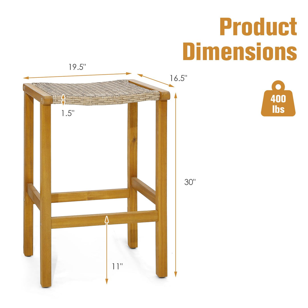 Giantex Patio Wood Bar Stools Set of 2, Acacia Wood Bar Stools w/Rattan Woven Seat