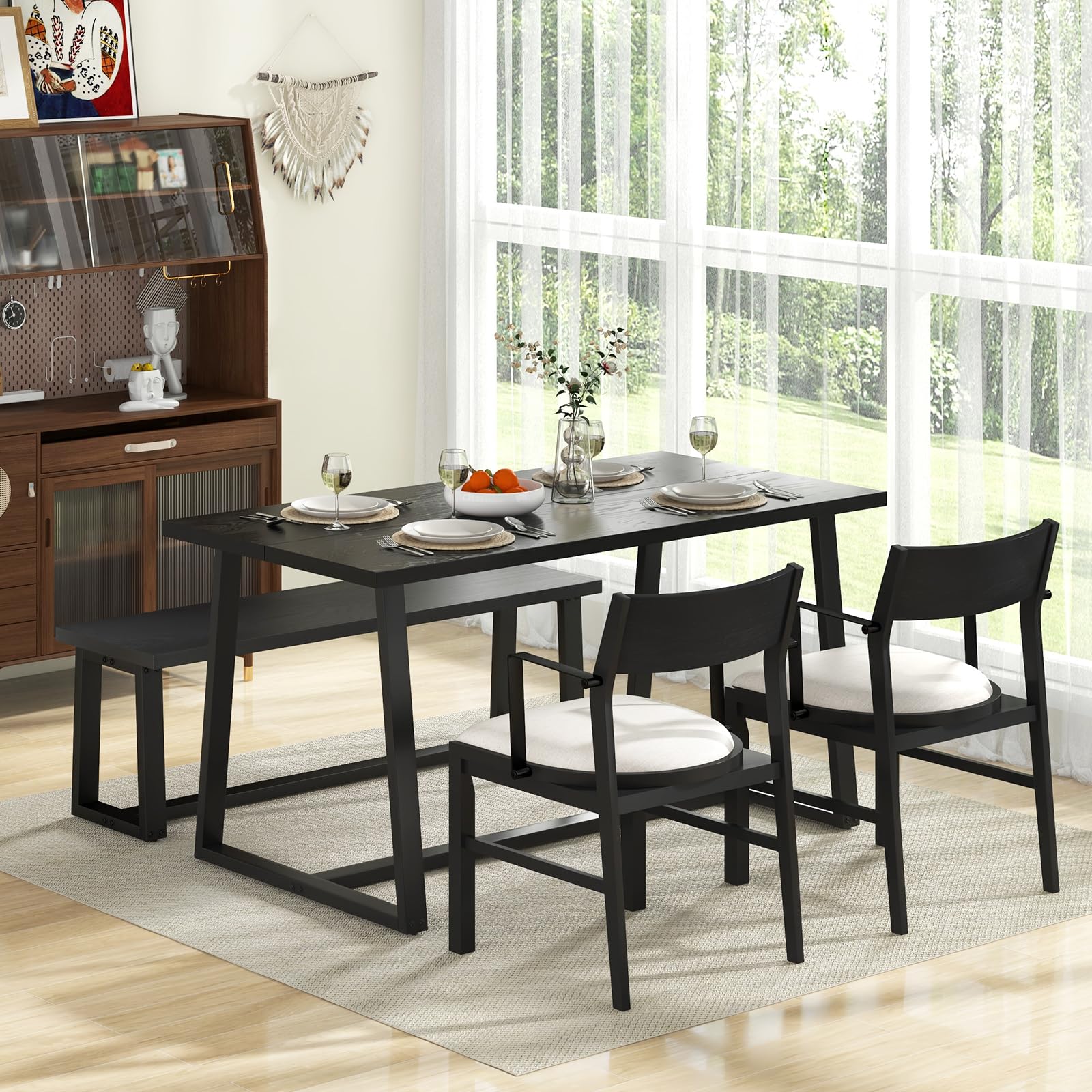 Giantex Dining Room Table Set for 4 - Kitchen Table Chairs Set with 2 Armchairs, 1 Bench, Dinette Set with Cushions