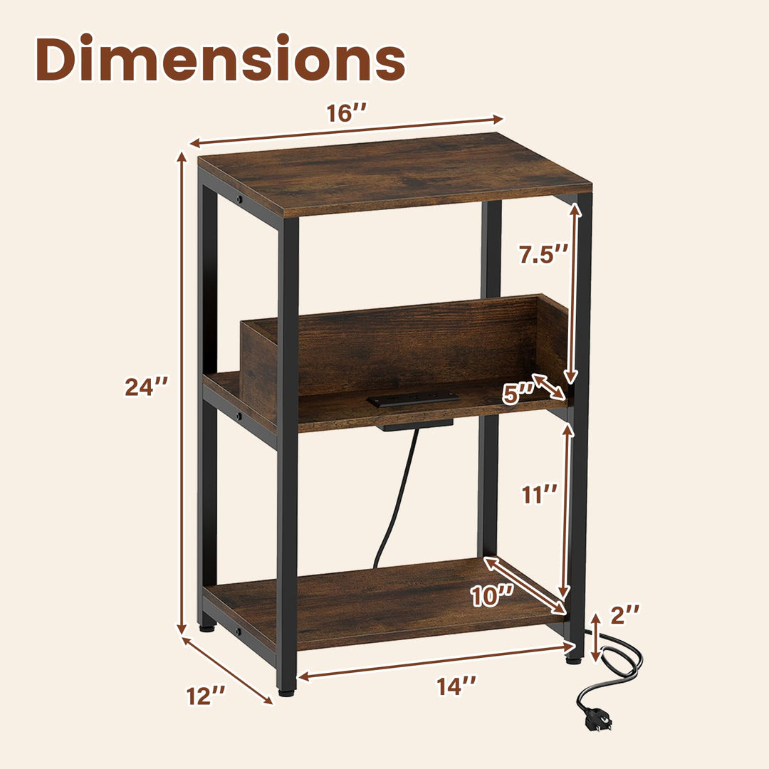 Giantex Side Table with Charging Station - Industrial 3-Tier Bedside Table w/Open Storage Shelves