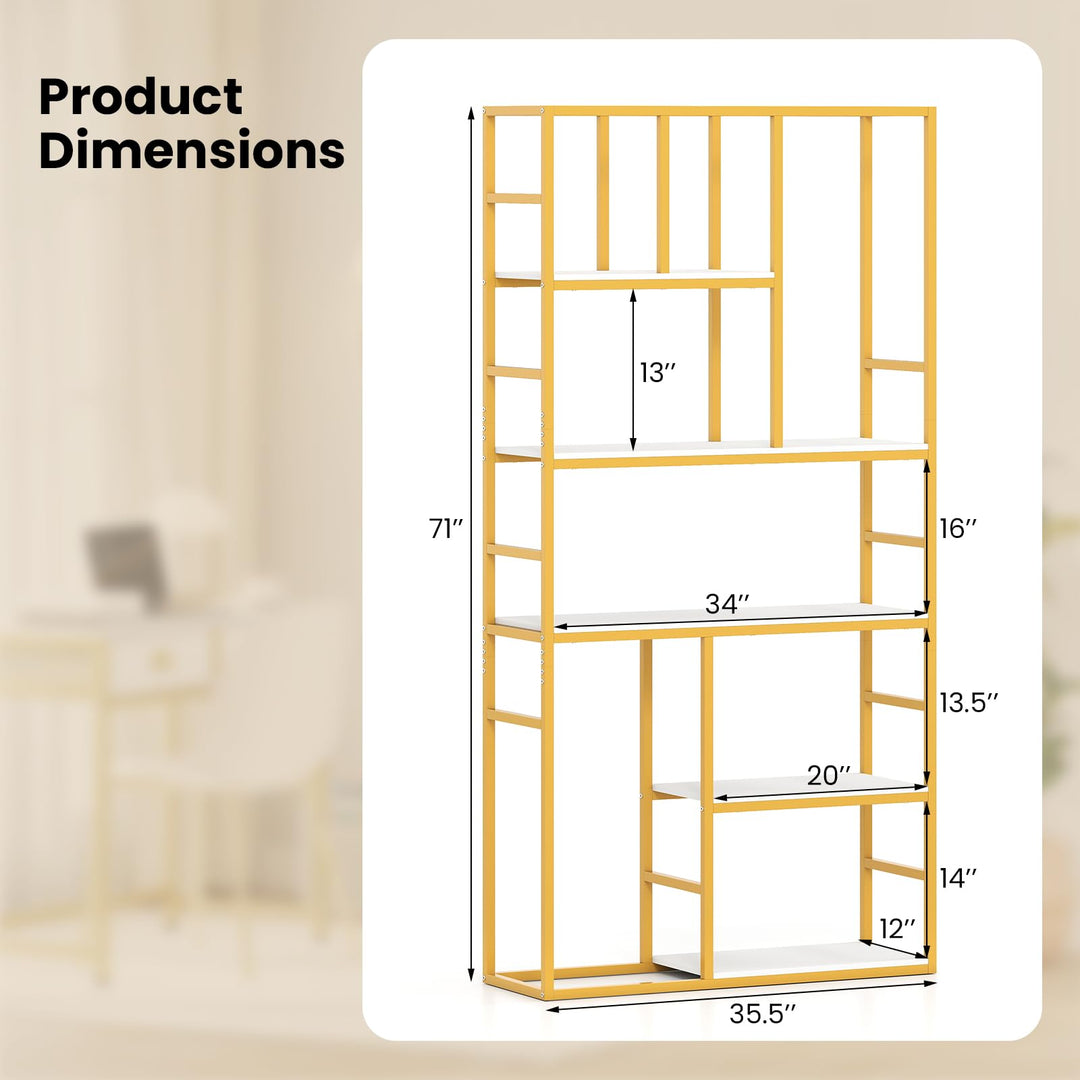 Giantex 5-Tier Bookshelf 71" Freestanding Golden Bookcase with Open Storage Shelves