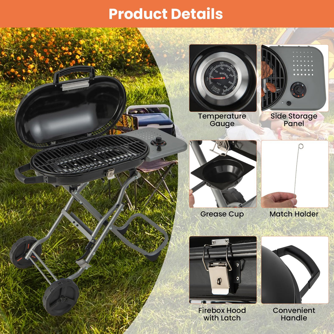 Giantex Gas Grill, Portable Propane Grill with 15,000 BTUs Burner, Side Table, 2 Wheels, Grease Tray