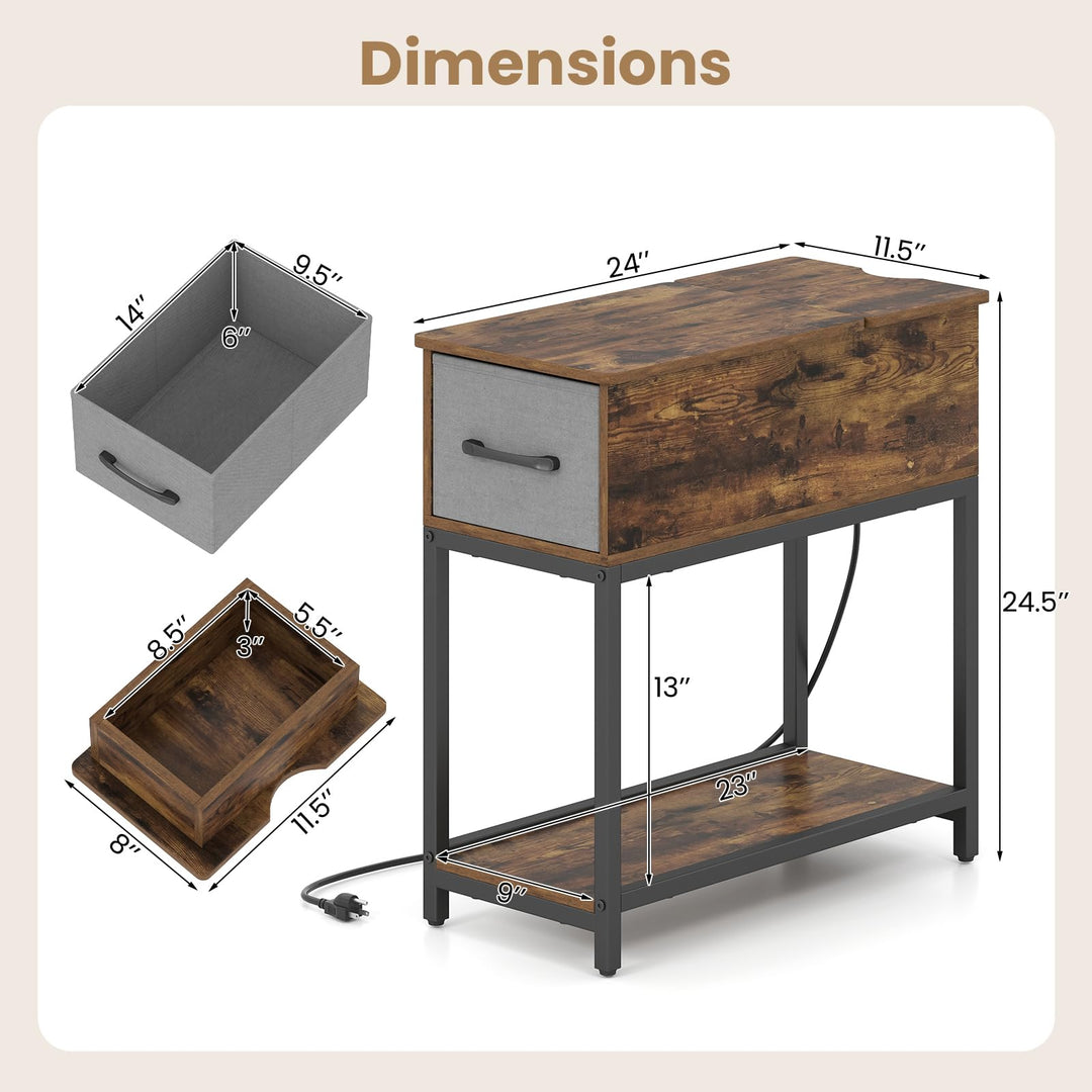 Giantex Narrow Side Table with Charging Station and LED Lights Industrial End Table