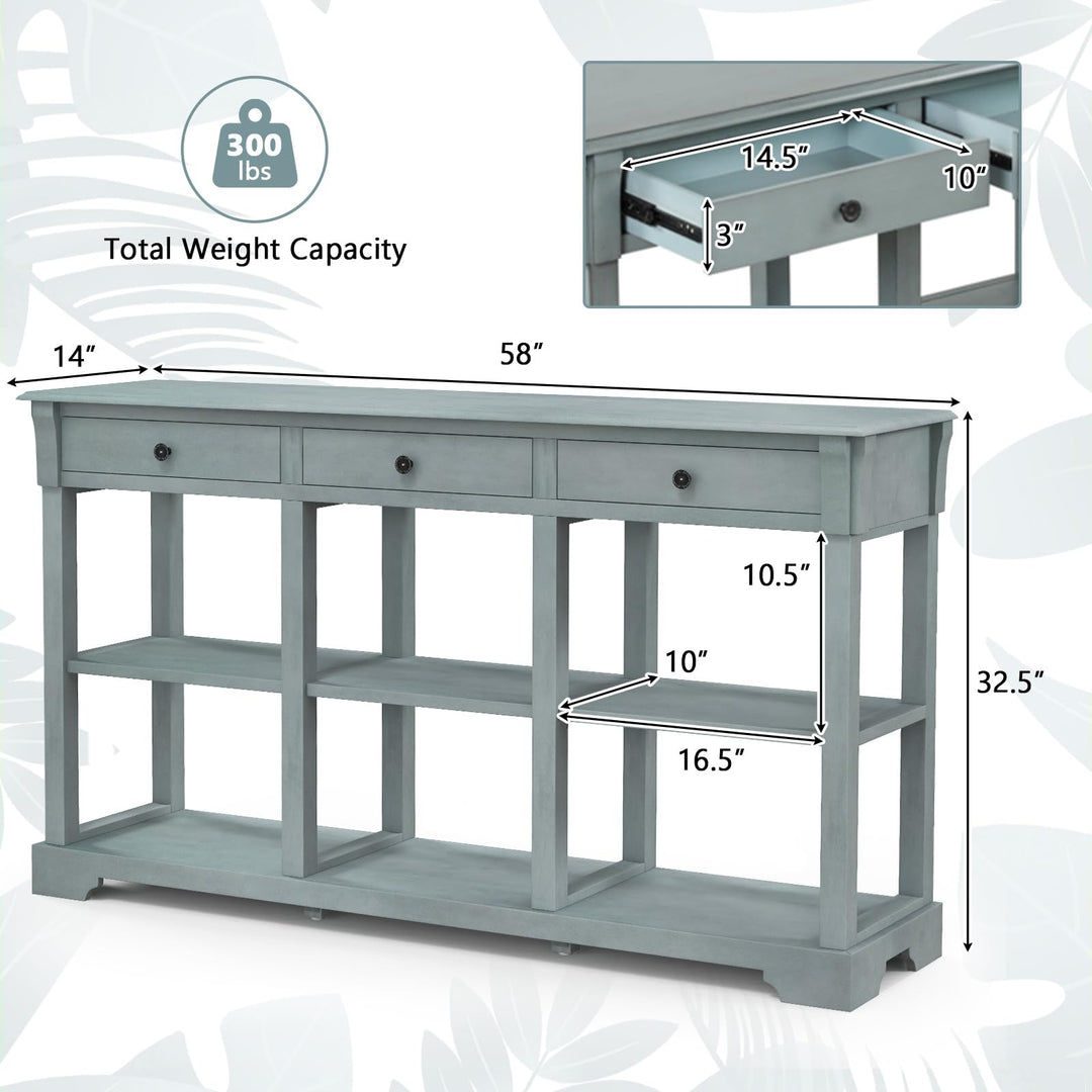Giantex Console Table with Storage, 58” Long Sofa Table with 3 Drawers & Open Shelves