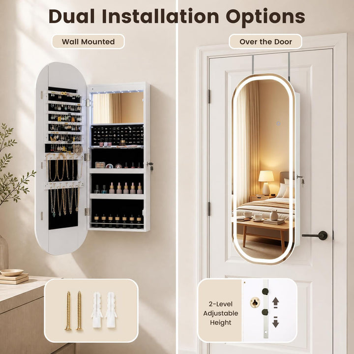 CHARMAID LED Full Length Mirror Jewelry Cabinet | Wall Mount &amp; Over the Door