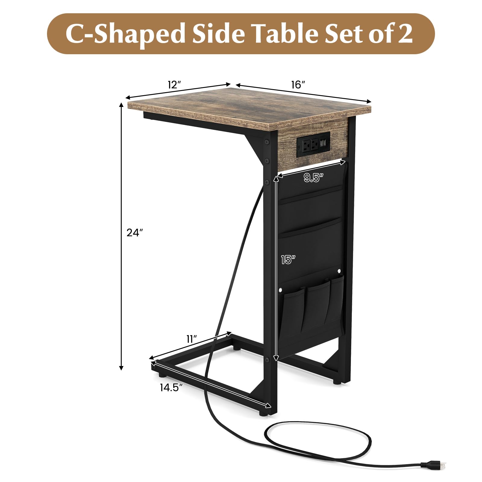 Giantex C Shaped End Table Set of 2, Sofa Side Table with Charging Station & Side Storage Bag, Rustic Brown