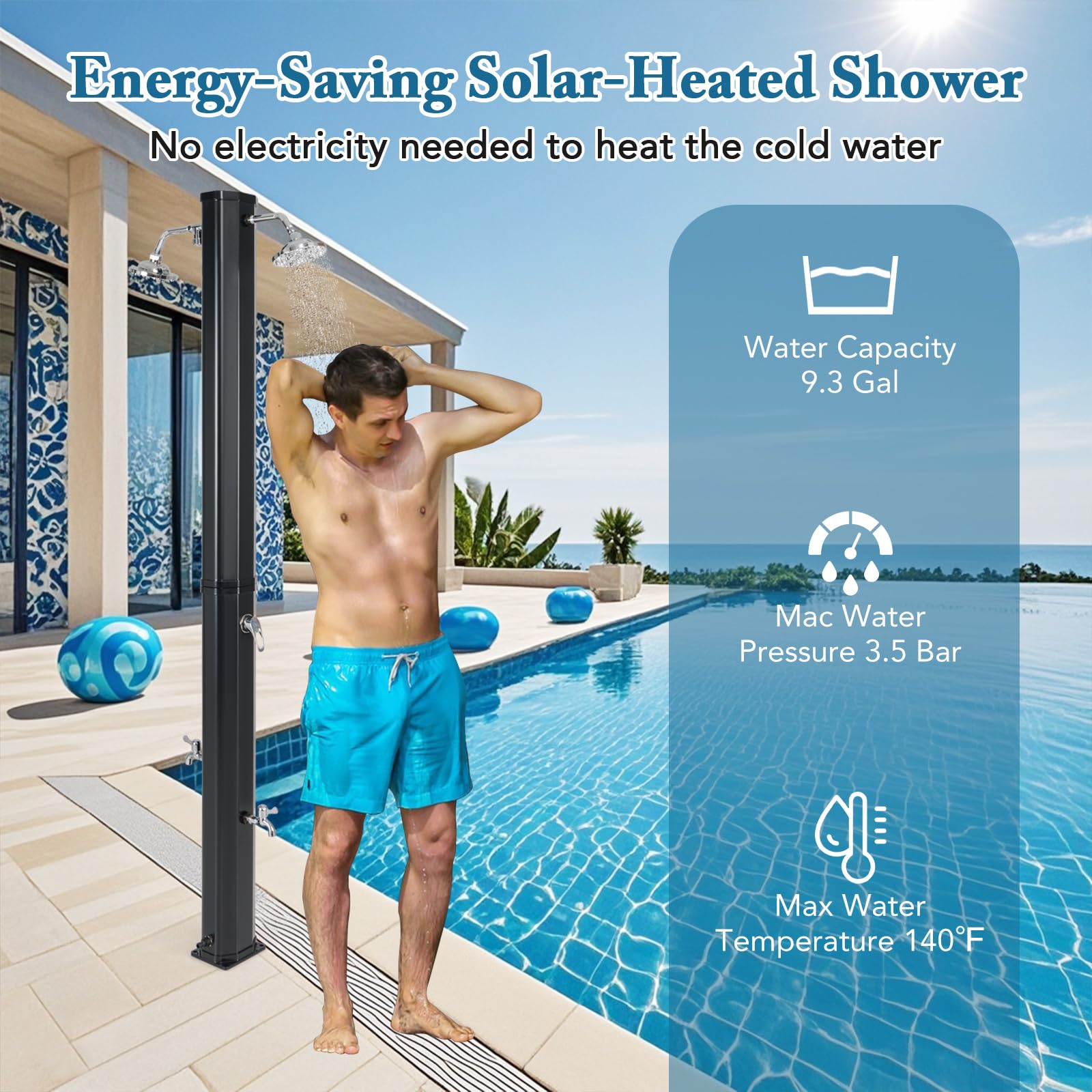 Giantex 9.3 Gallon Outdoor Shower, Solar Shower with Dual 360°Rotating Shower Heads, 2 Foot Showers