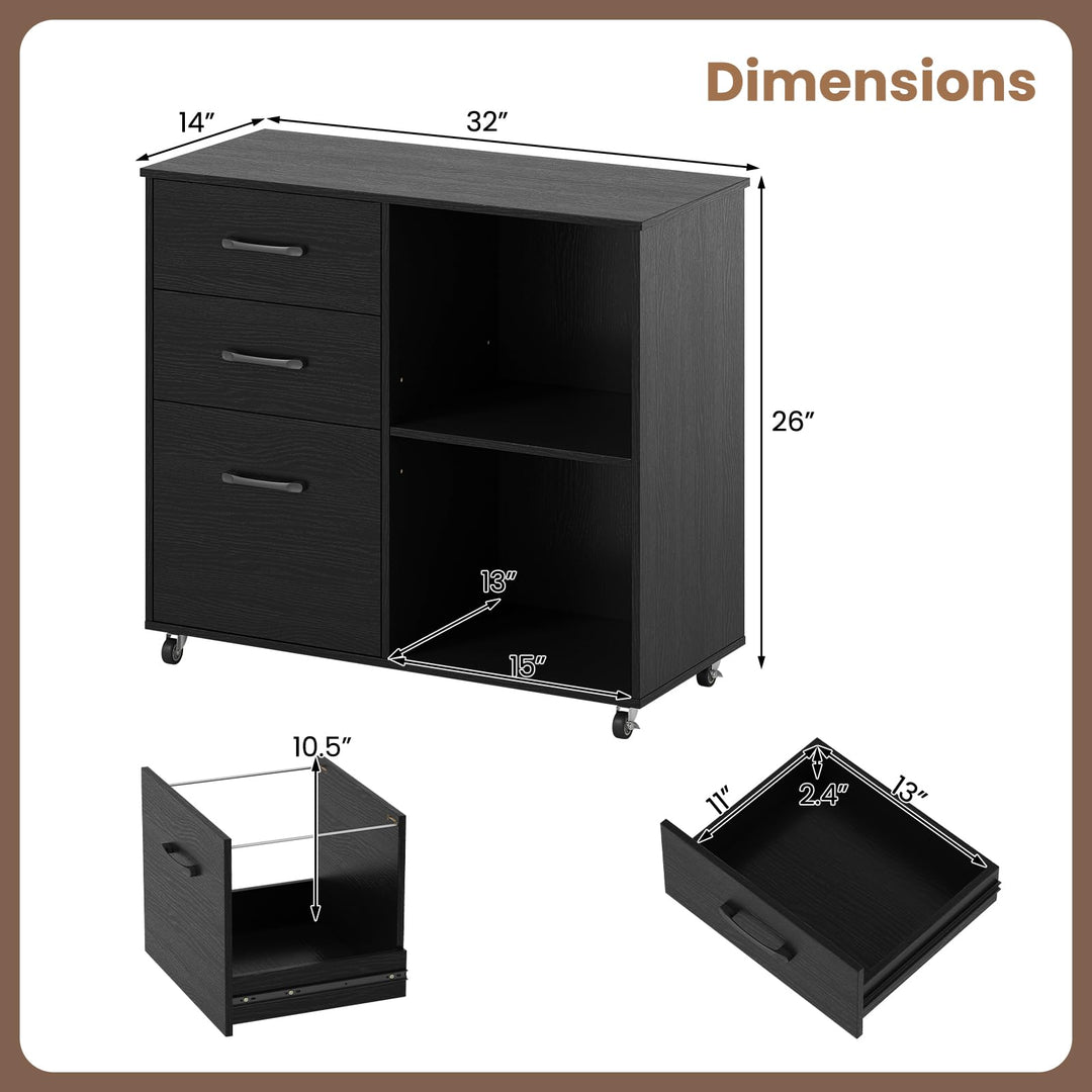 Giantex 3-Drawer Mobile File Cabinet with Open Storage Shelves