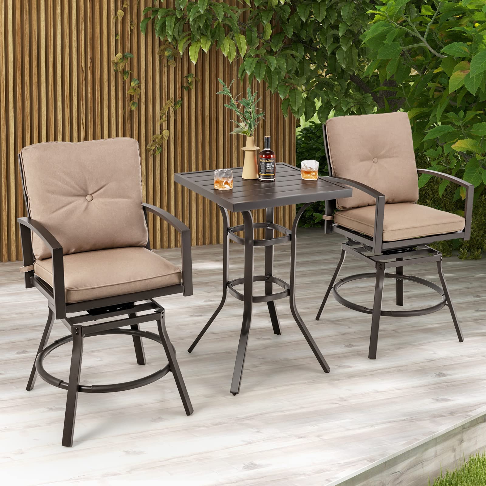 Giantex 3 Piece Patio Bar Set, All Weather Metal Outdoor Furniture Set, Bar Height Patio Table, Swivel High Bar Stool Chairs Set of 2