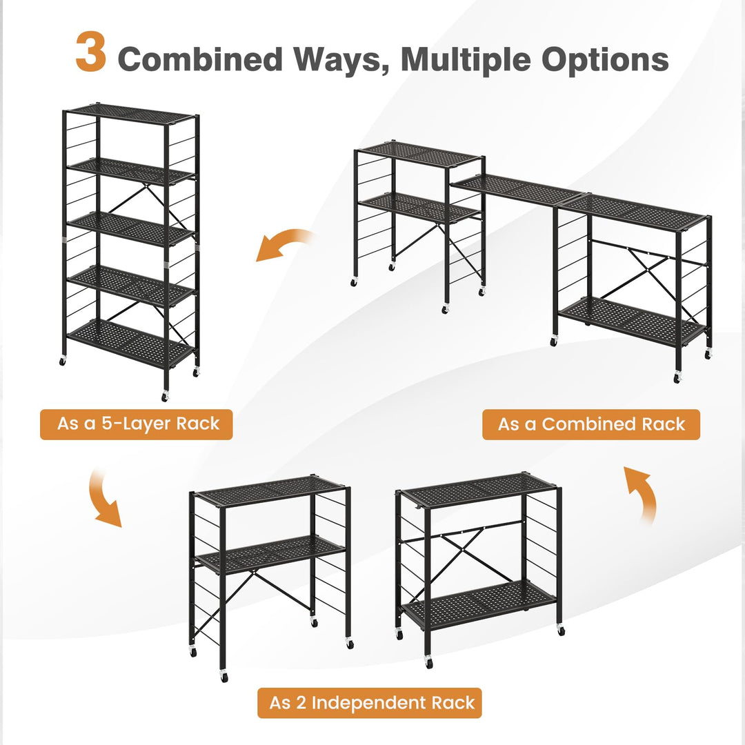 Giantex 5-Tier Folding Bookshelf with Wheels of 1/2, 60" Tall Foldable Metal Shelves for Storage