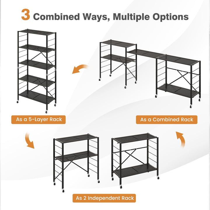 Giantex 5-Tier Folding Bookshelf with Wheels of 1/2, 60" Tall Foldable Metal Shelves for Storage