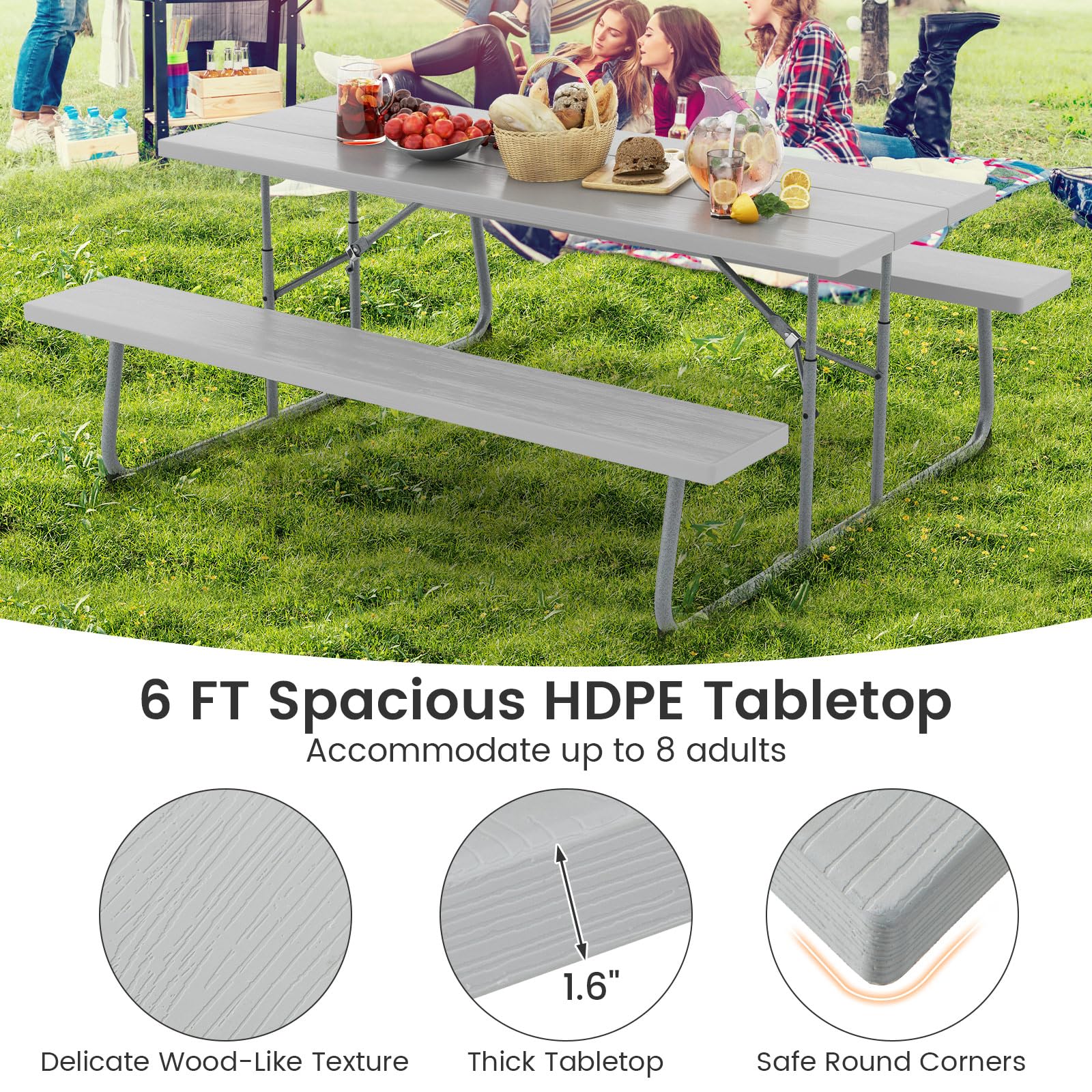 Giantex Folding Picnic Table - 6 FT Outdoor Table Bench Set for 8 Persons w/All-Weather HDPE Tabletop