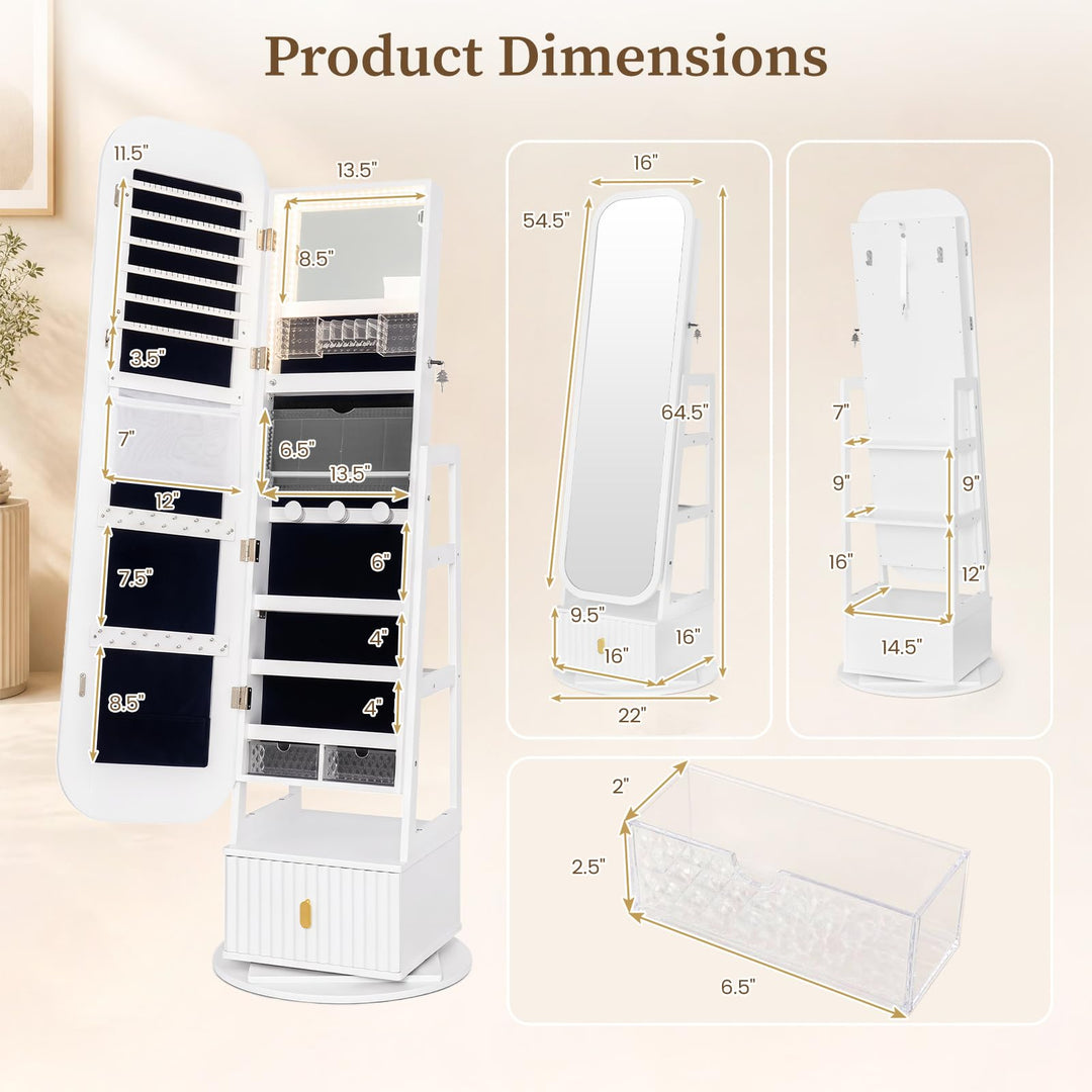 CHARMAID 360° Swivel Jewelry Cabinet with 3-Color LED Vanity Mirror