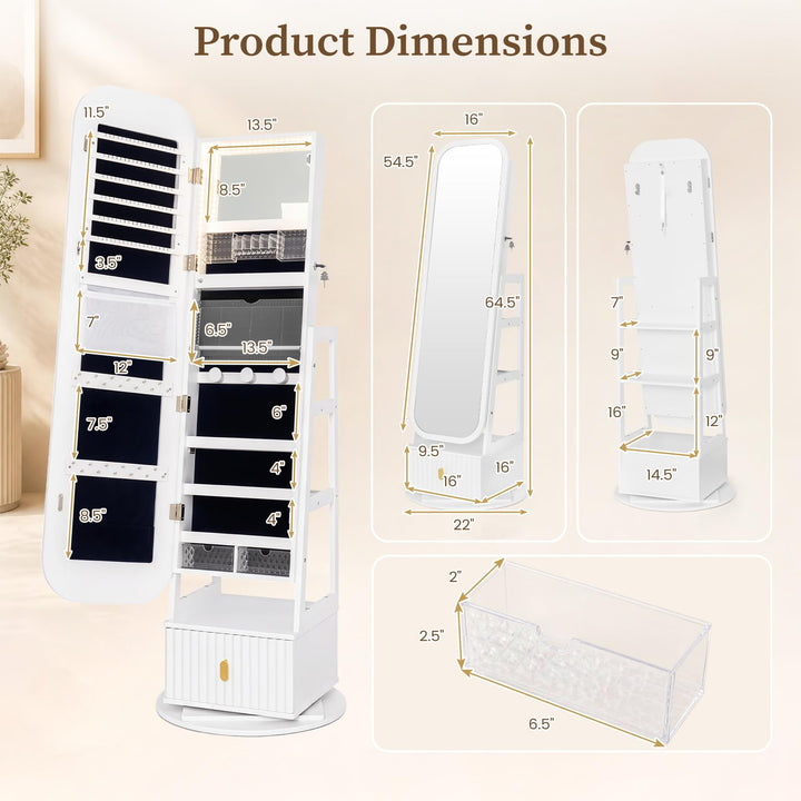 CHARMAID 360° Swivel Jewelry Cabinet with 3-Color LED Vanity Mirror