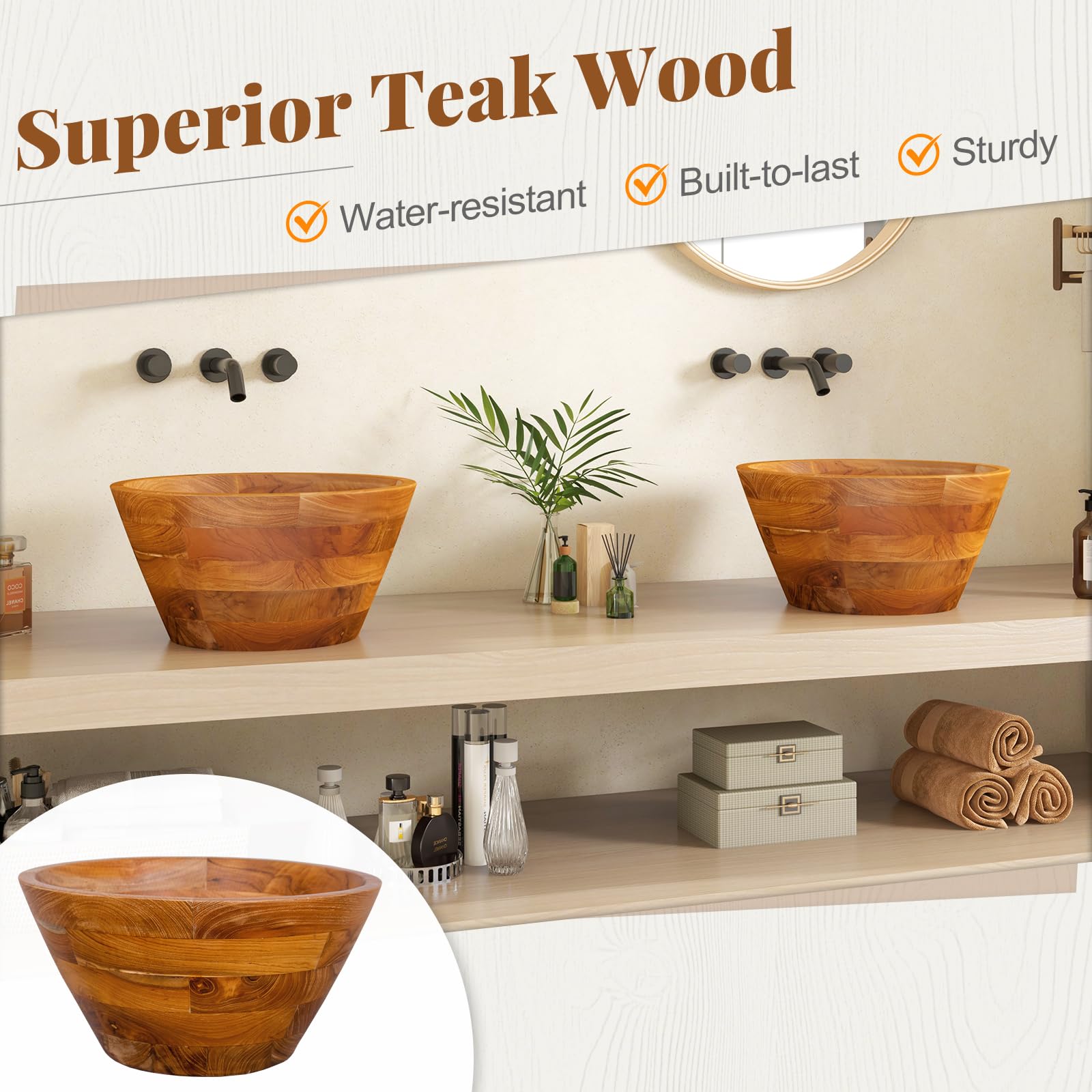 Giantex Teak Wood Vessel Sink - Bathroom Washbasin with Smooth Finish, Round Corner (16” x 16” x 8”)