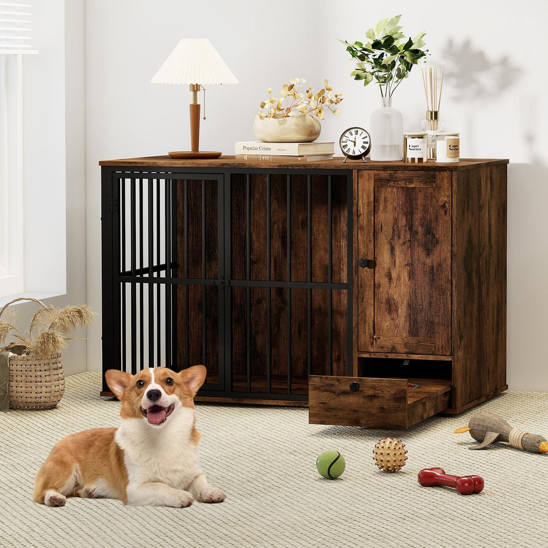 Giantex 47.5" Dog Crate Furniture with Hidden Feeding Drawer & Side Storage Cabinet