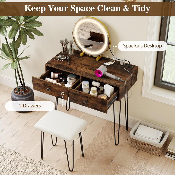 CHARMAID Vanity Desk with LED Lighted Mirror & Charging Station