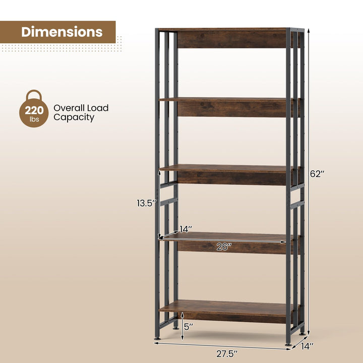 Giantex 5-Tier Bookshelf, 62" Tall Bookcase w/Tiltable Shelves, Metal Frame, Convertible Display Storage Rack
