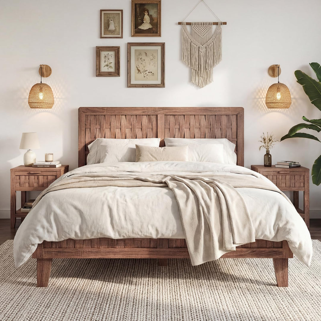 Giantex Wood Bed Frame with Woven Headboard (Full/Twin/Queen)