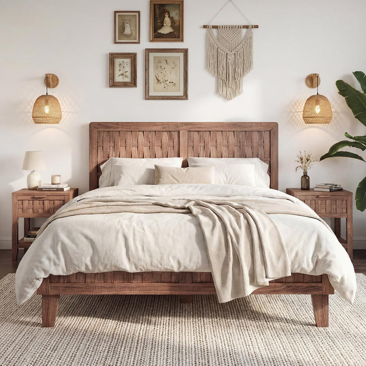 Giantex Wood Bed Frame with Woven Headboard (Full/Twin/Queen)
