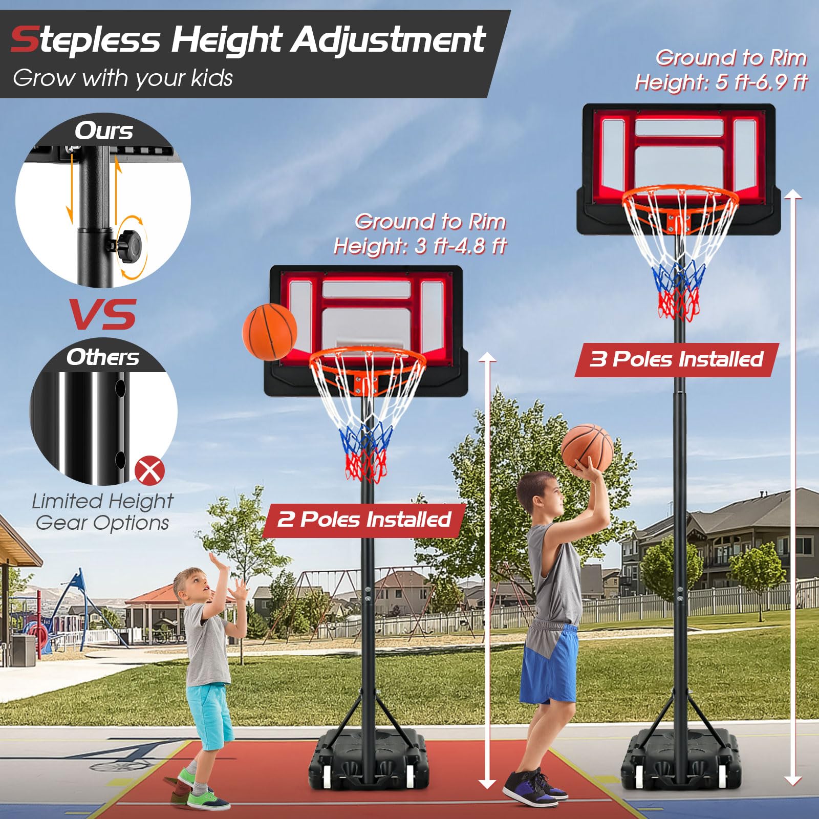 Giantex Portable Basketball Hoop, 4.3 FT-8.2 FT Stepless Height Adjustable Basketball Goal System for Kids Teenagers Youth