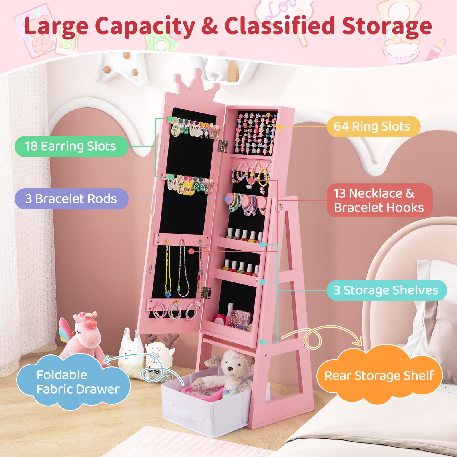 CHARMAID Kids Mirror Jewelry Cabinet - 45.5'' Standing Jewelry Armoire with Full Length Mirror