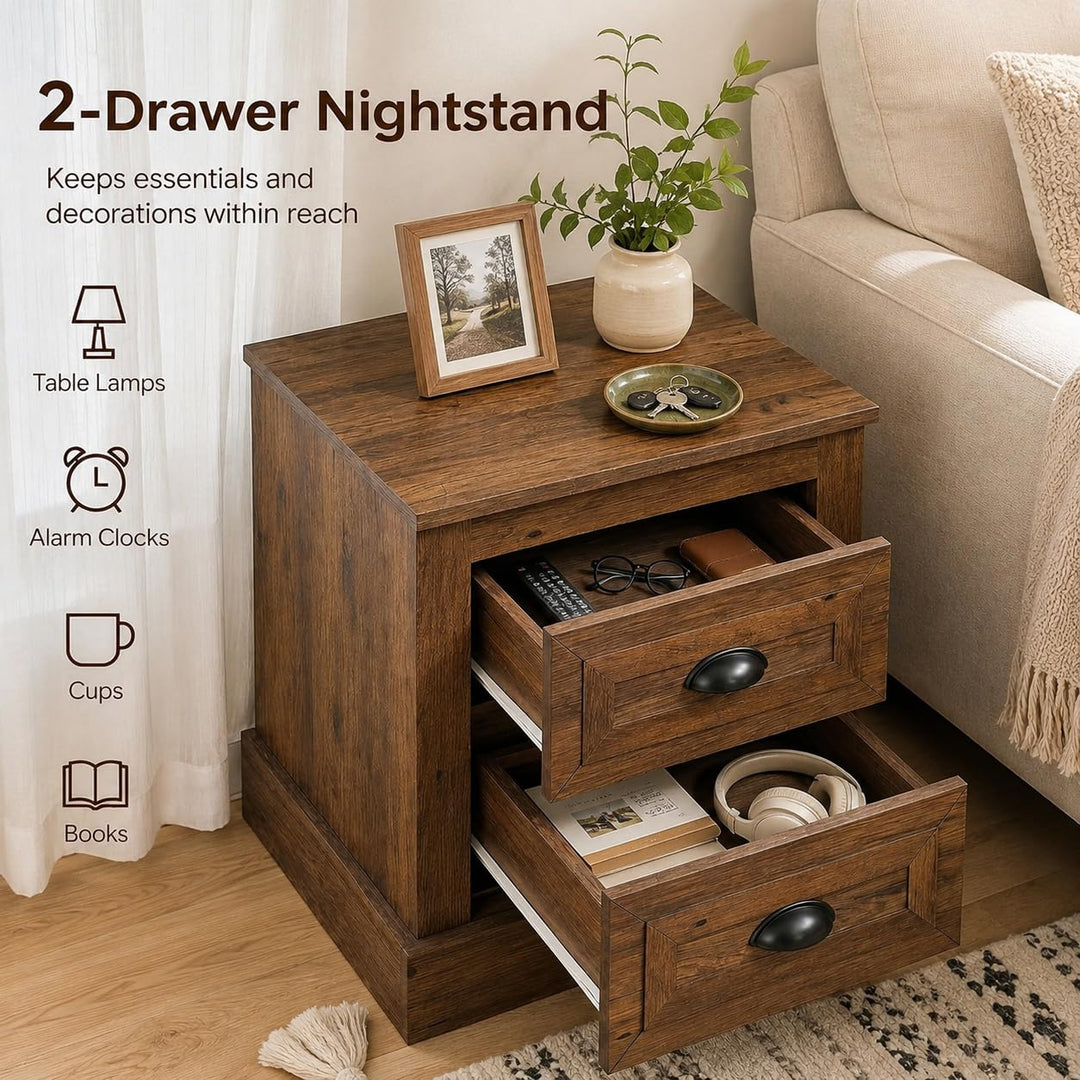 GIANTEX Farmhouse Nightstand With 2 Storage Drawers For Bedroom