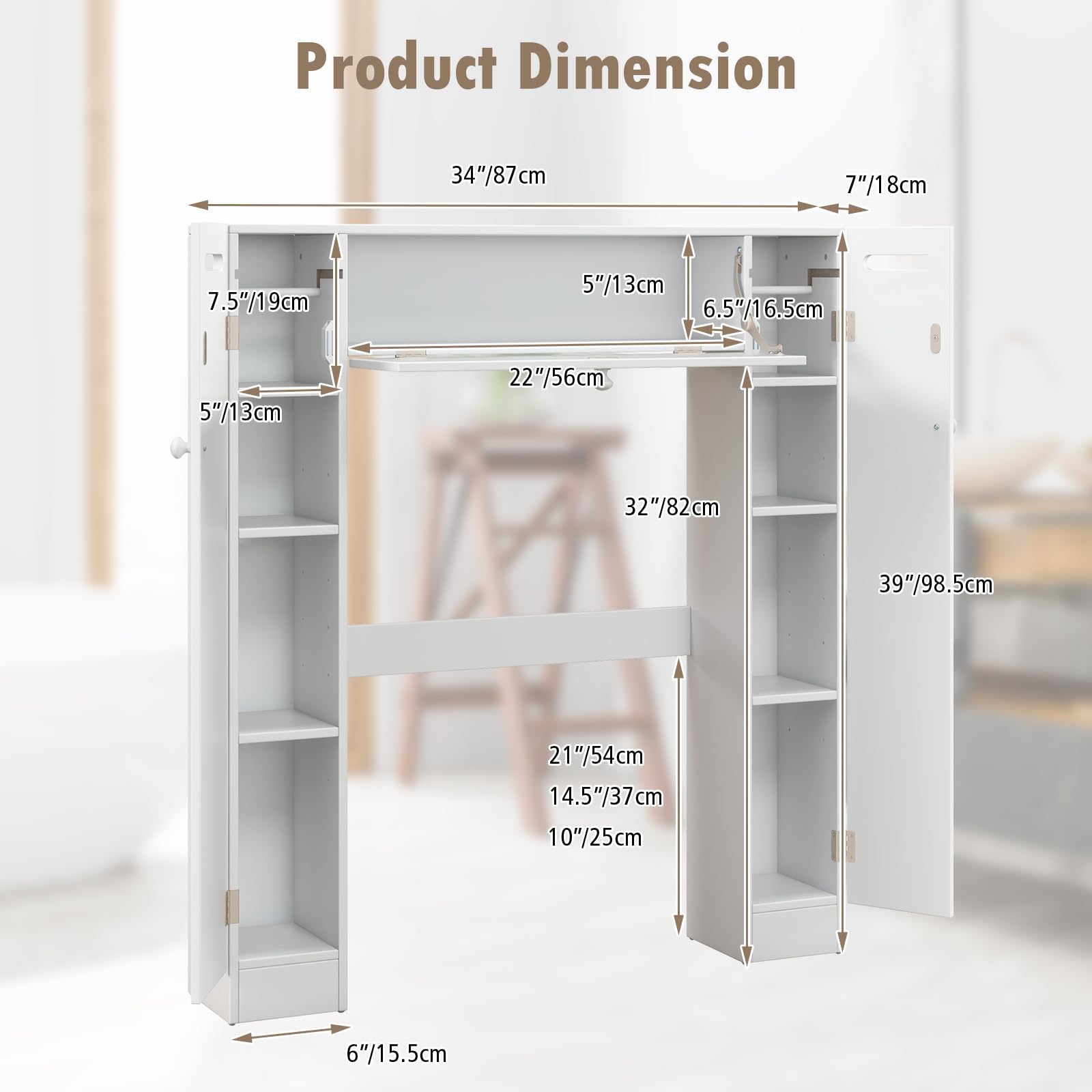 Over-The-Toilet Rack Bathroom Shelf Storage Cabinet Wooden Drop Door Freestanding Spacesaver Improvements, White
