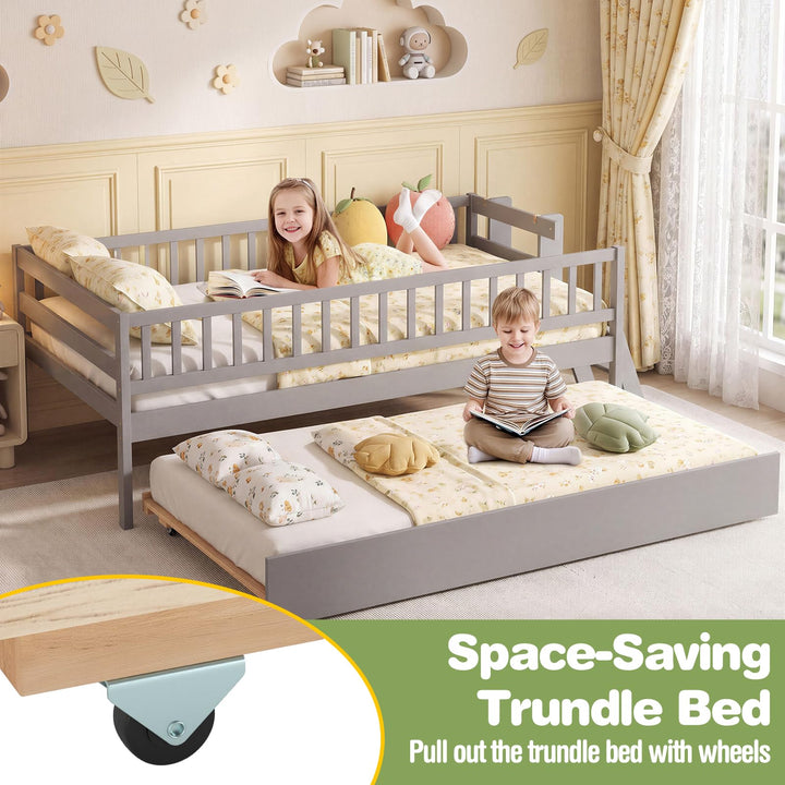 GIANTEX Trundle Bed Twin Size with Bookshelf | 2-Step Ladder for Kids
