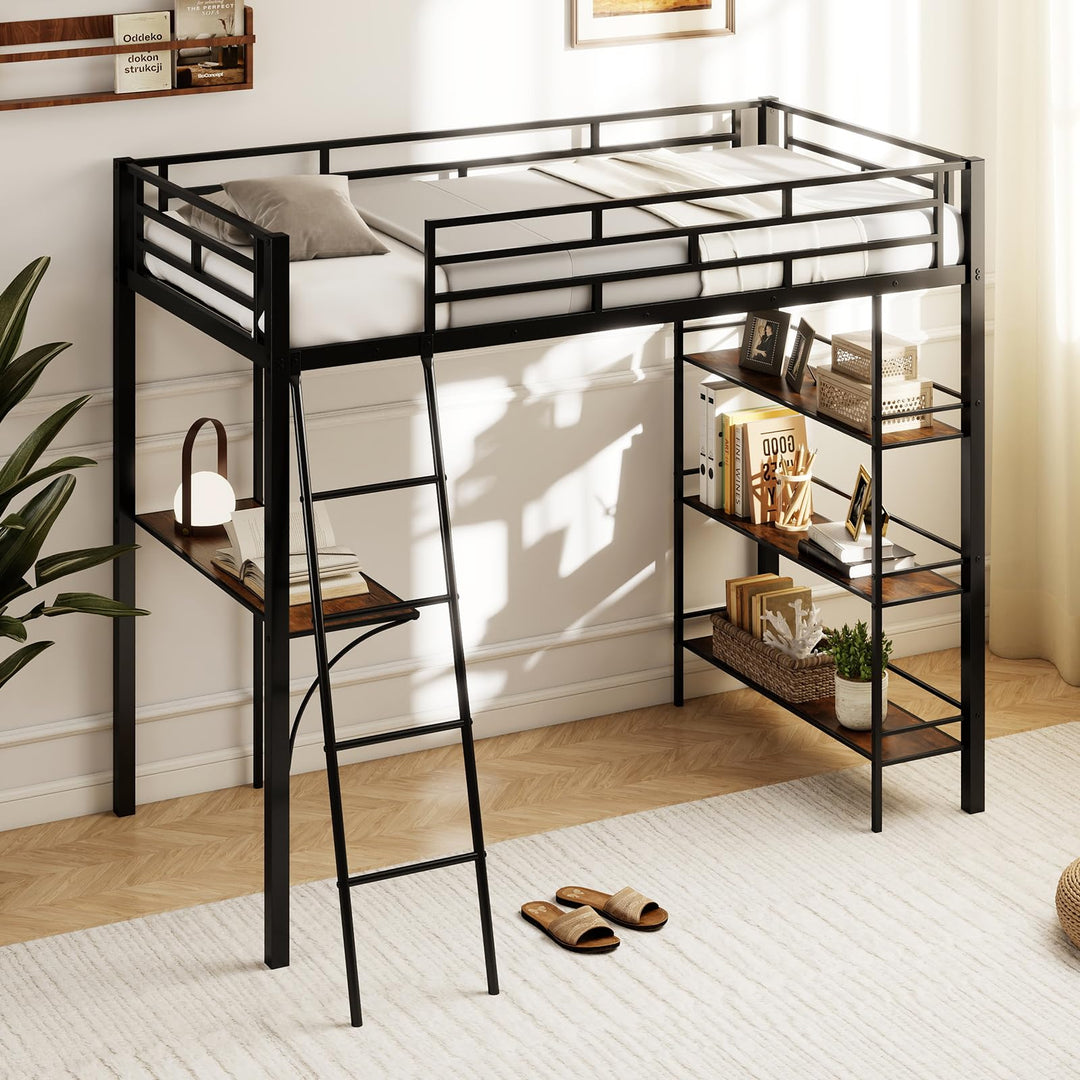 Giantex Twin Size Loft Bed with Desk & Shelves for Kids