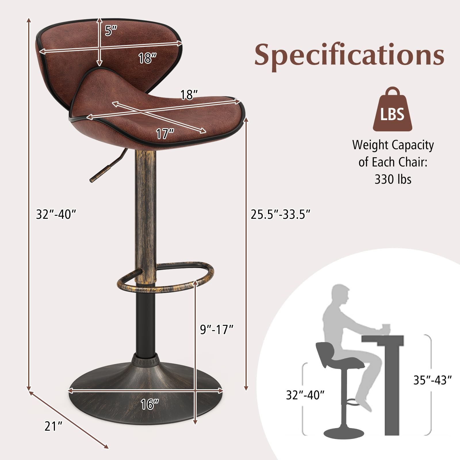 Giantex Height Adjustable Bar Stools, Upholstered Swivel Barstools w/Back