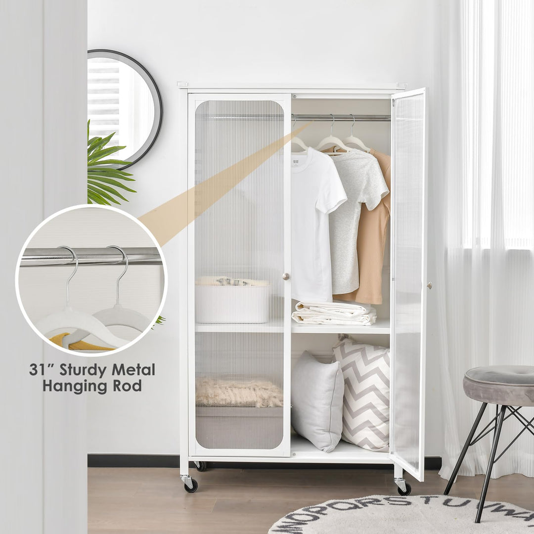 Portable Closet with Rollers, Mobile Metal Armoire Closet with Hanging Rod