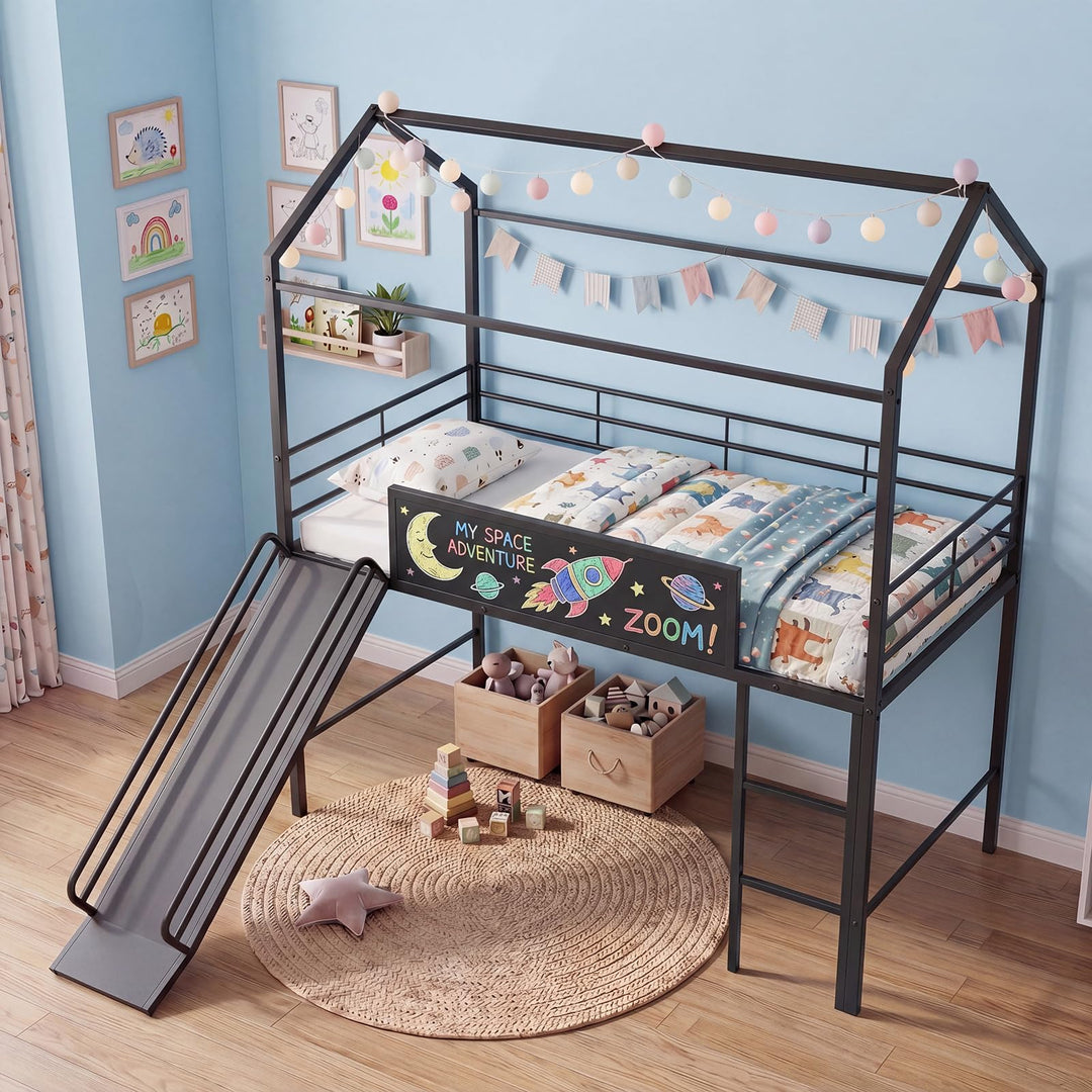 Giantex Twin Size House Loft Bed | Low Loft Bedframe w/Roof