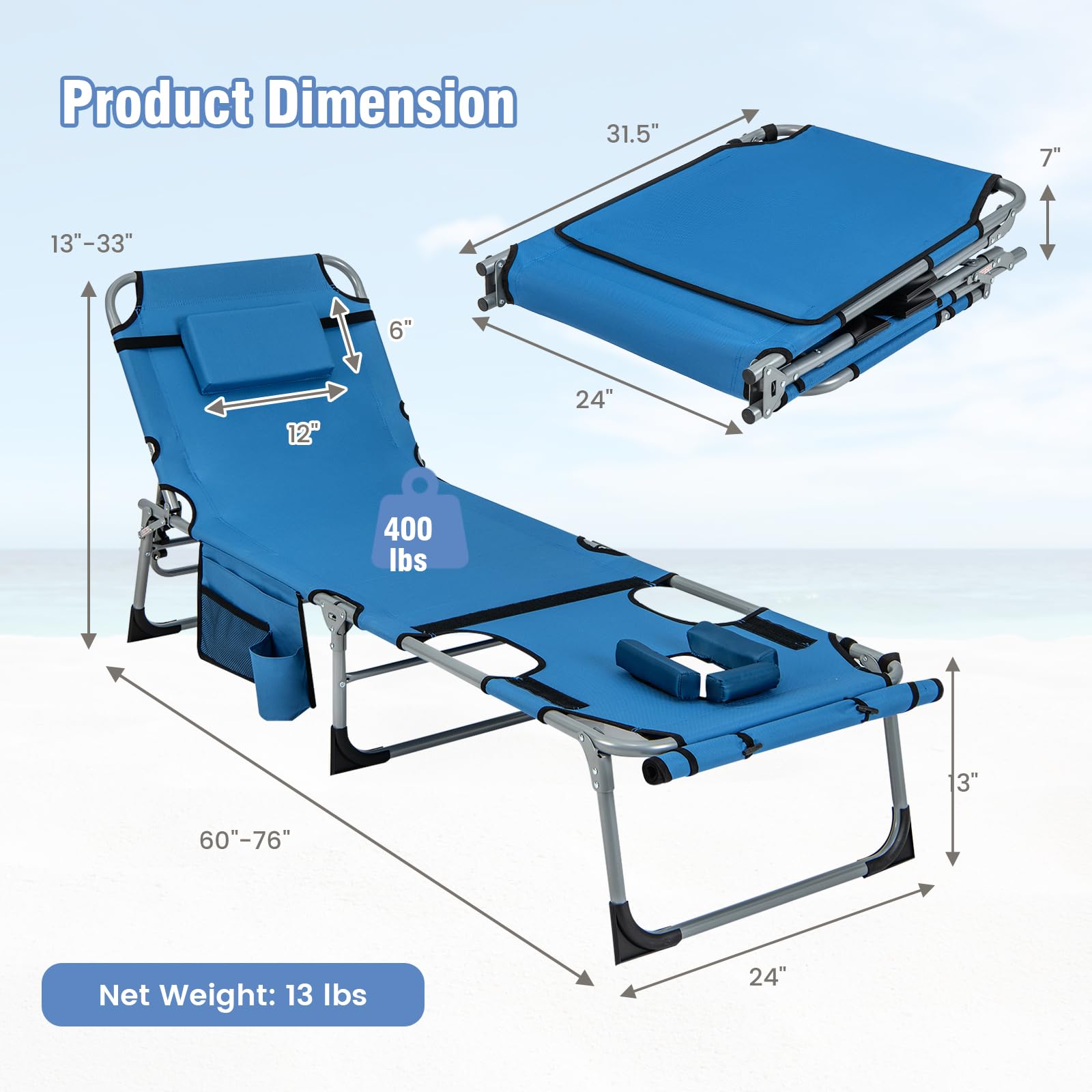 Giantex Folding Beach Tanning Chair - Outdoor Chaise Lounge Chair, 5-Position Adjustable Lounger with Face Hole